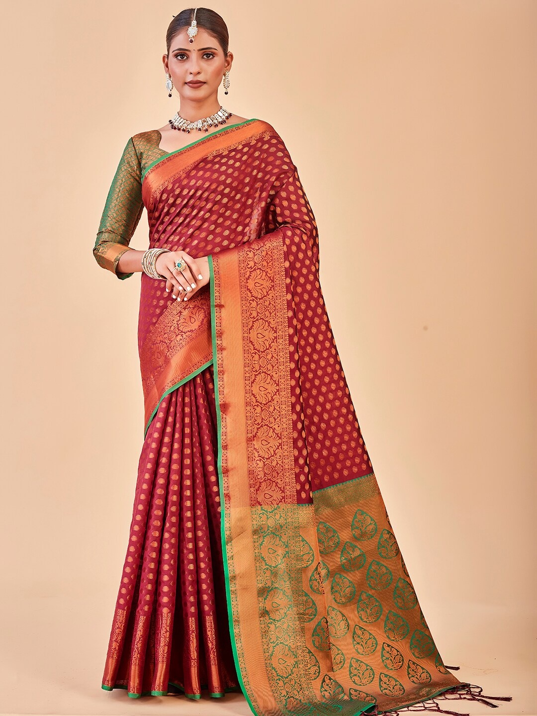 

Anouk Red & Green Ethnic Woven Design Zari Banarasi Saree
