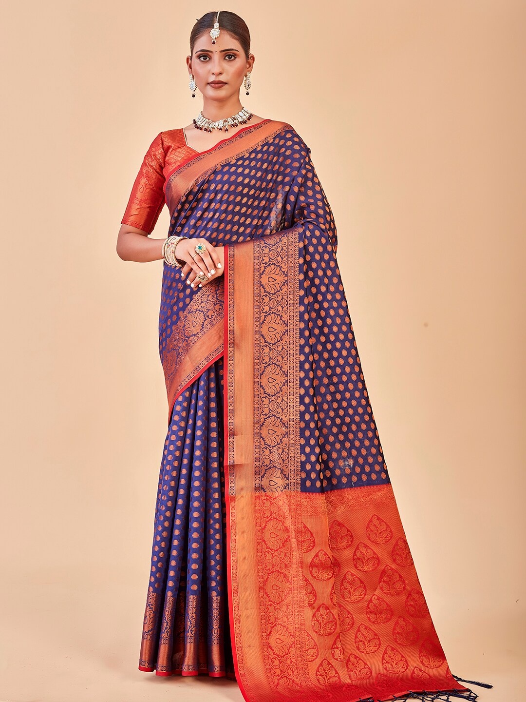 

Anouk Blue & Red Ethnic Woven Design Zari Banarasi Saree