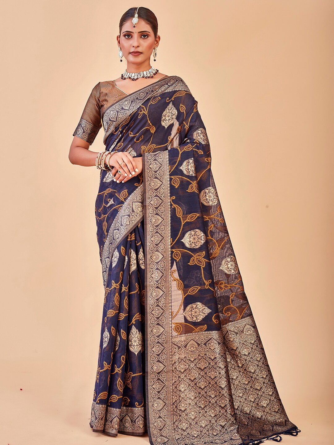 

Anouk Blue & Grey Floral Woven Design Zari Banarasi Saree, Navy blue