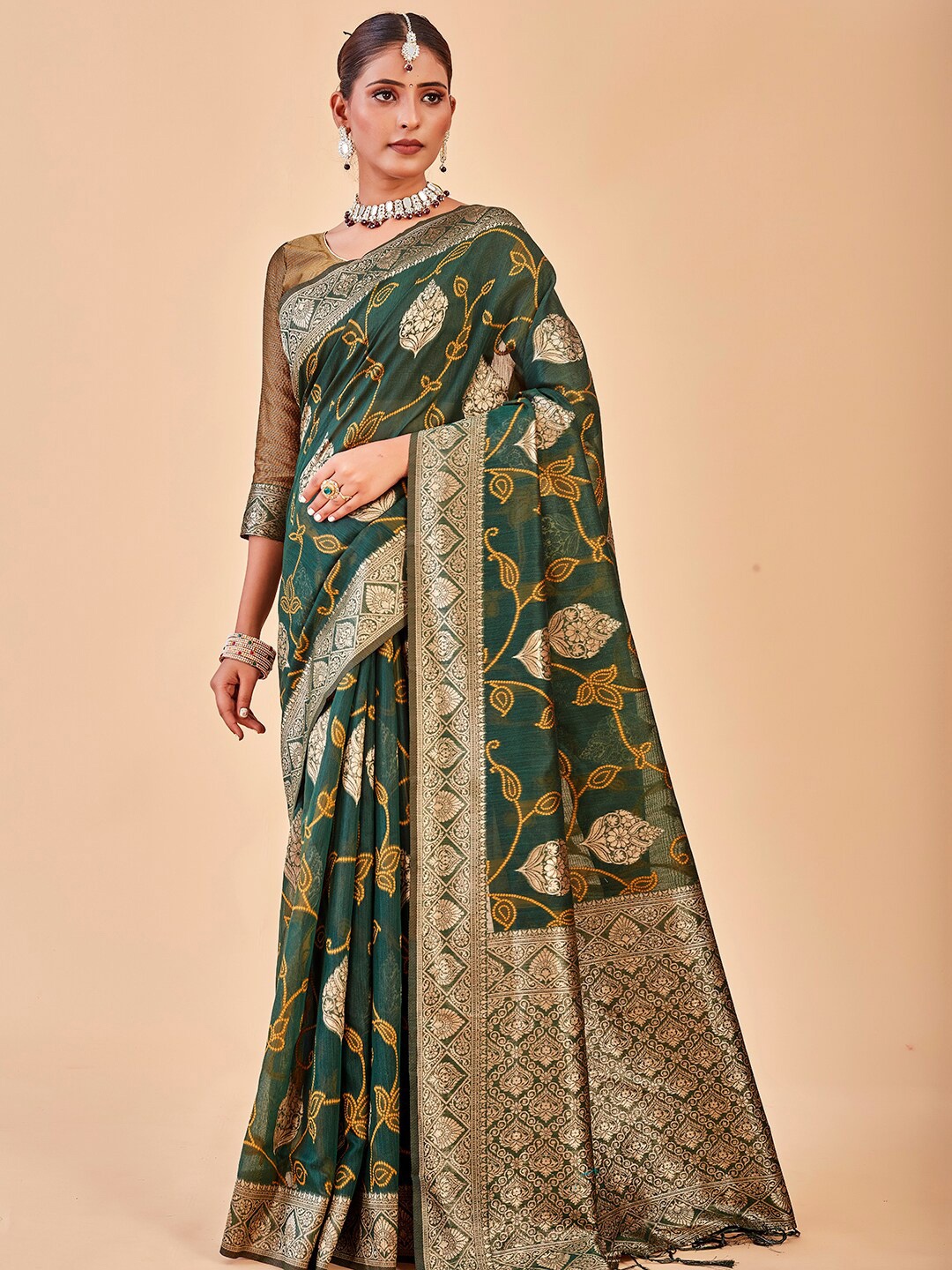 

Anouk Green & Gold-Toned Ethnic Motifs Woven Design Zari Banarasi Saree