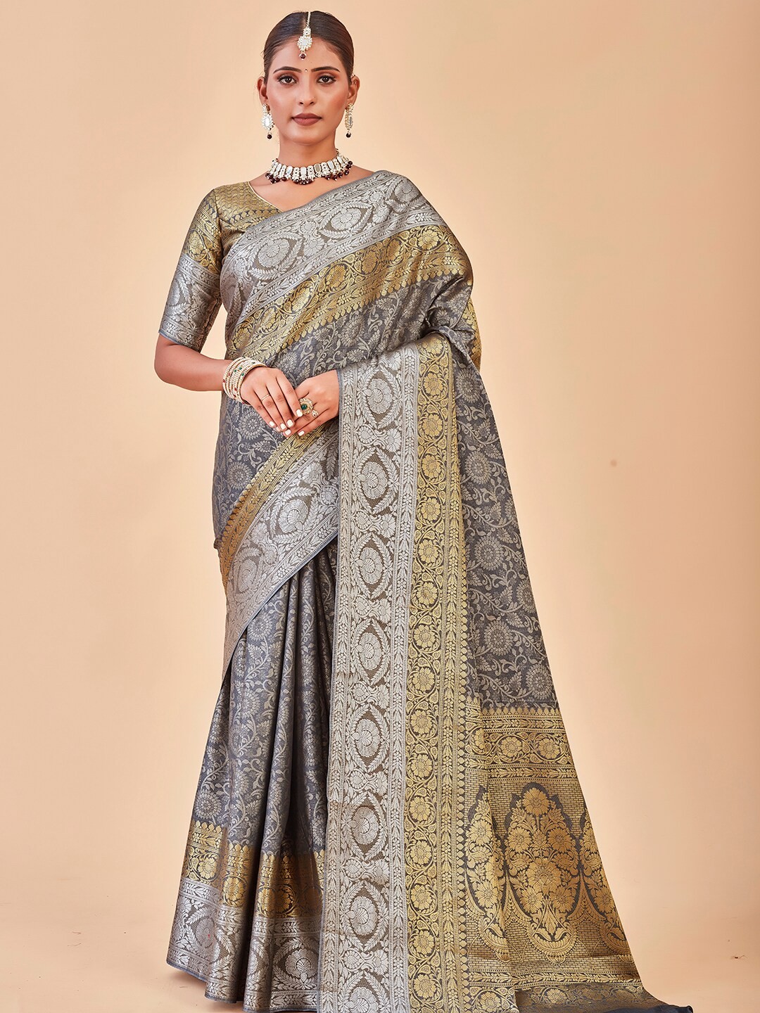 

Anouk Grey & Silver-Toned Ethnic Motifs Woven Design Zari Kanjeevaram Saree