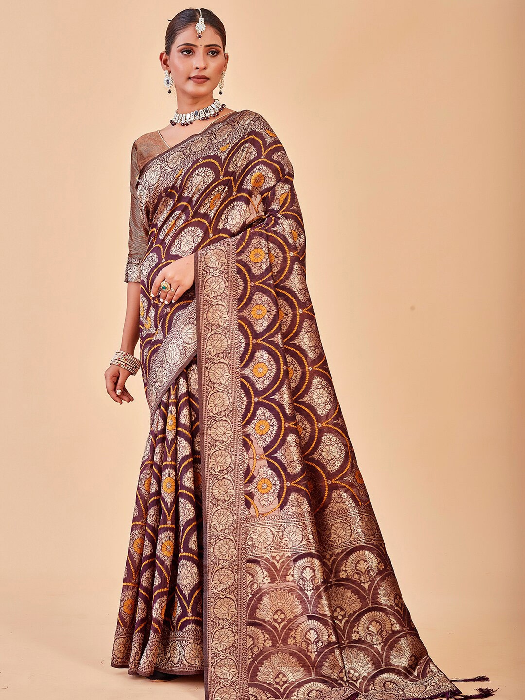 

Anouk Maroon & Yellow Ethnic Motifs Woven Design Zari Banarasi Saree