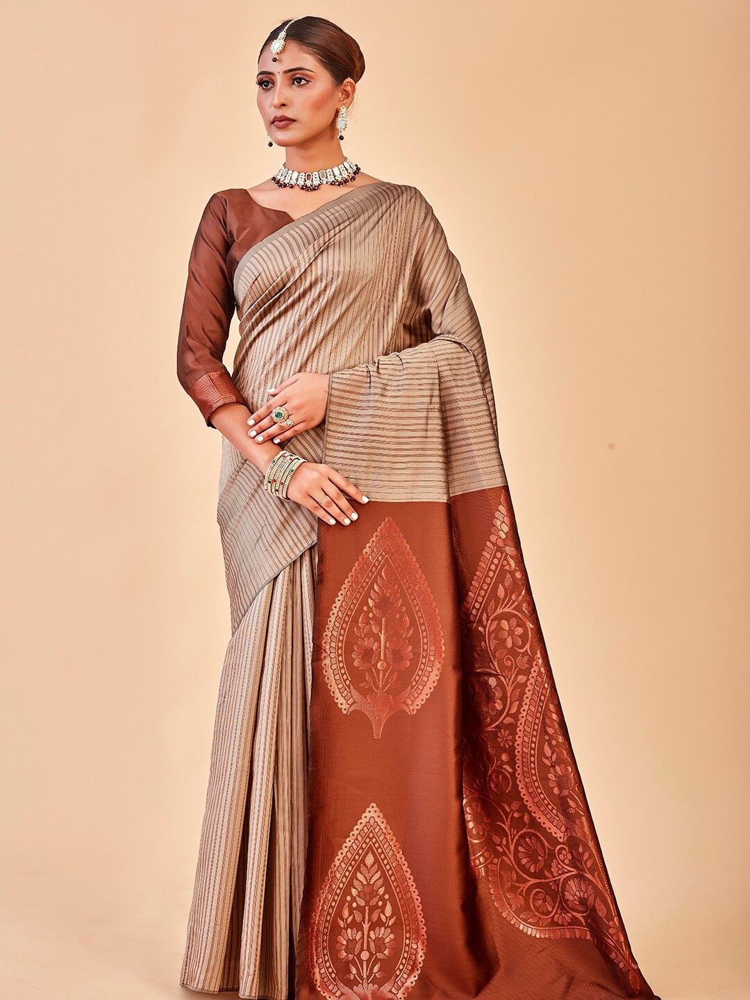 

Anouk Maroon & Grey Ethnic Motifs Woven Design Zari Banarasi Saree