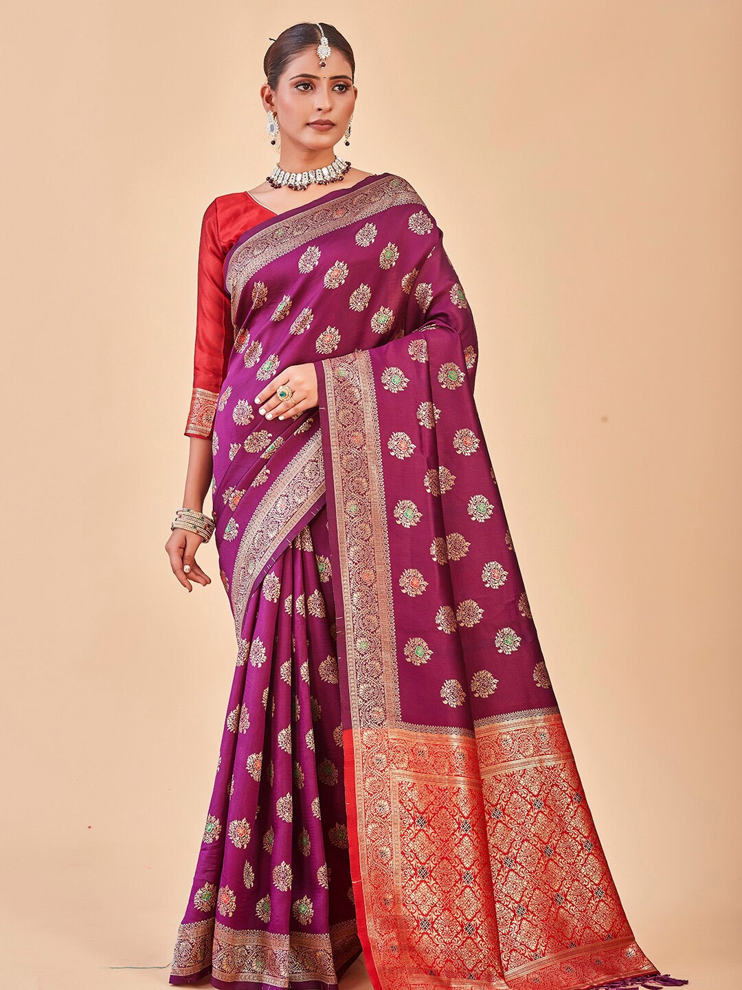 

Anouk Purple & Pink Ethnic Motifs Woven Design Zari Banarasi Saree