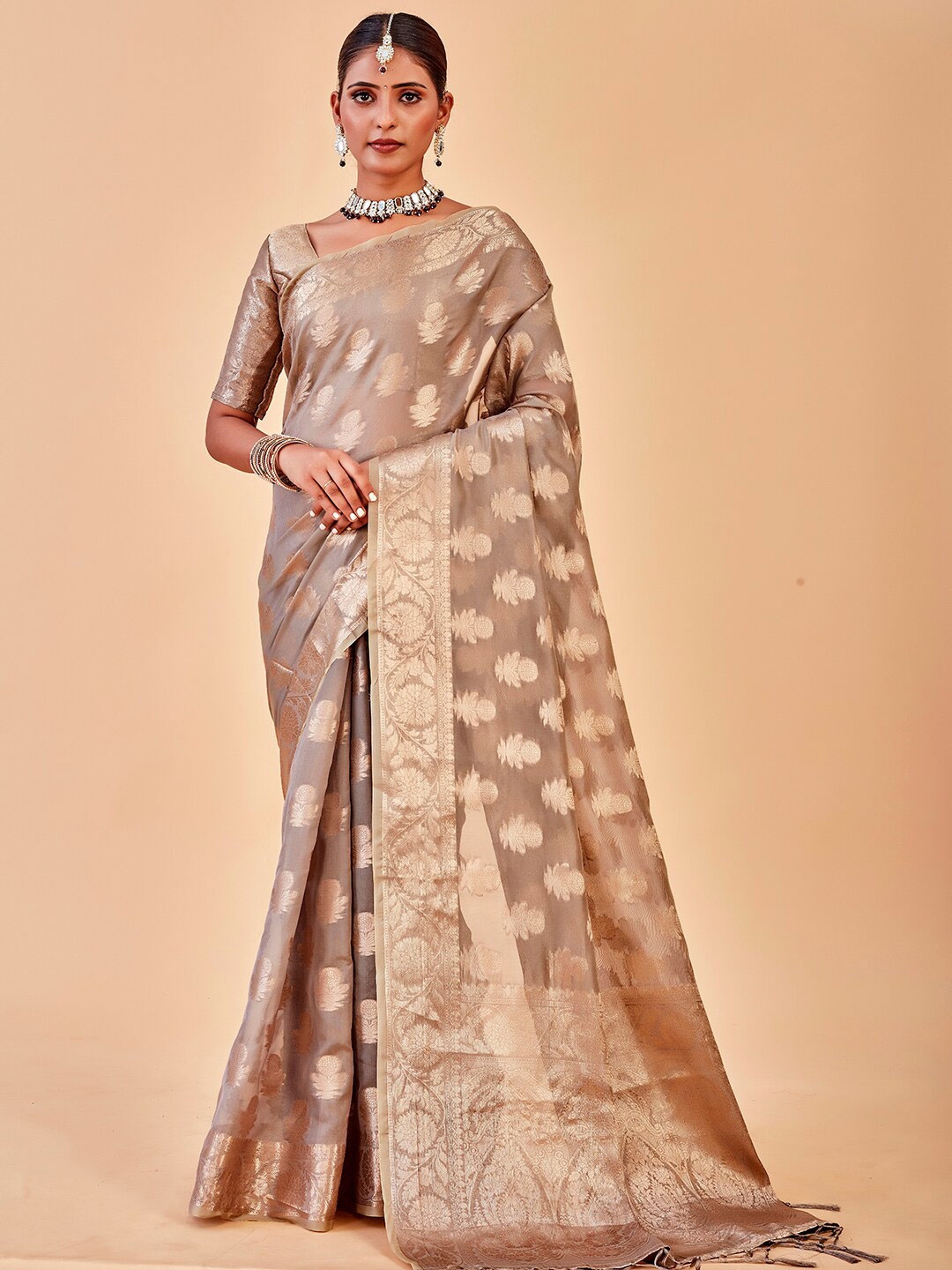 

Anouk Grey & Gold-Toned Ethnic Motifs Woven Design Zari Organza Saree