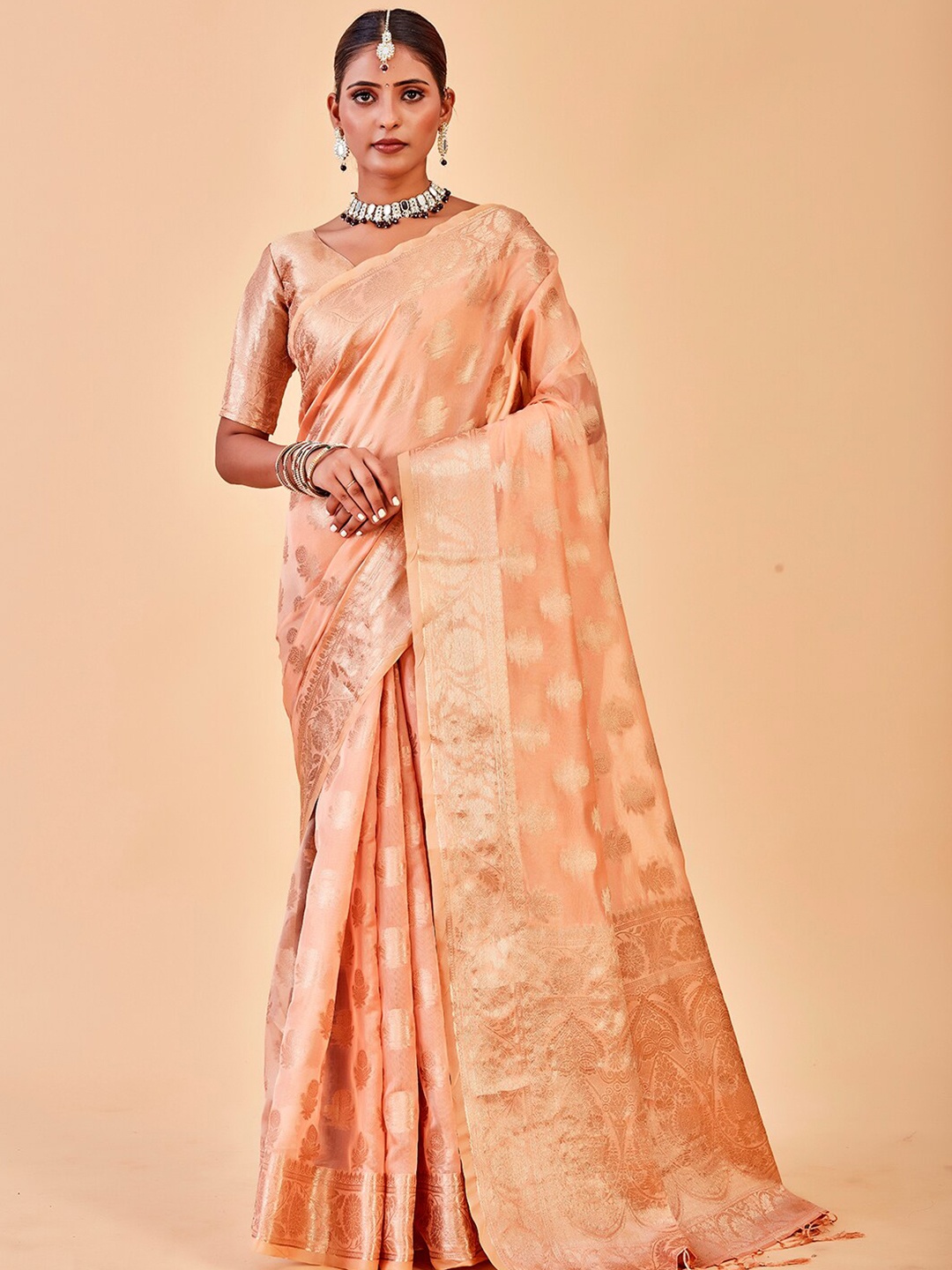 

Anouk Ethnic Motifs Woven Design Zari Organza Saree, Orange