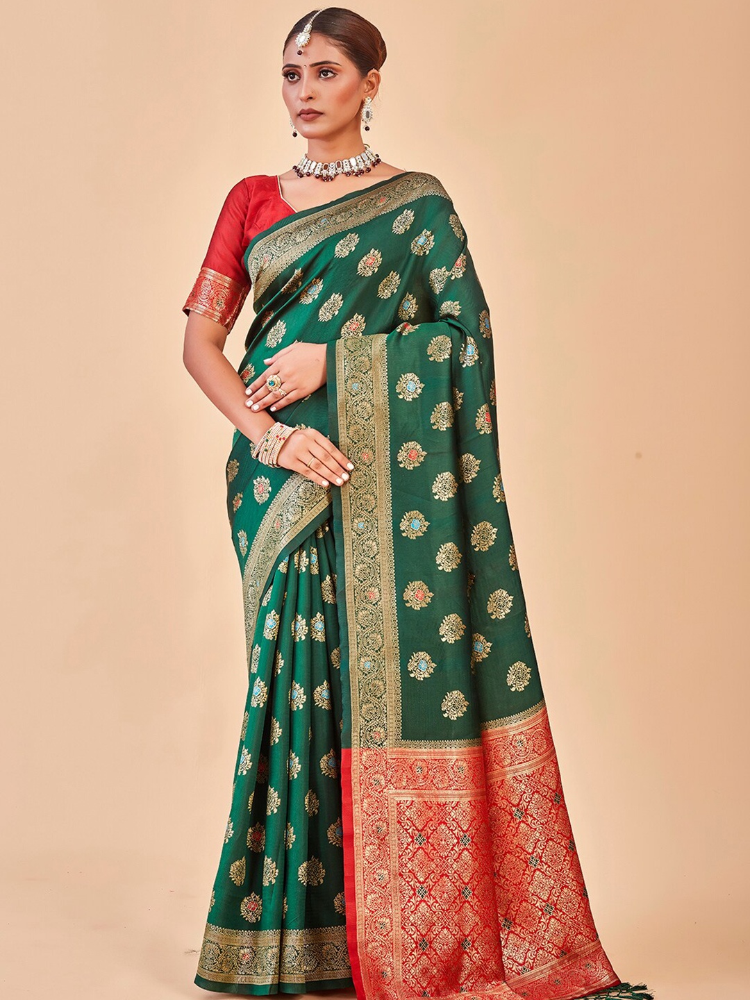 

Anouk Ethnic Motifs Woven Design Zari Art Silk Banarasi Saree, Green
