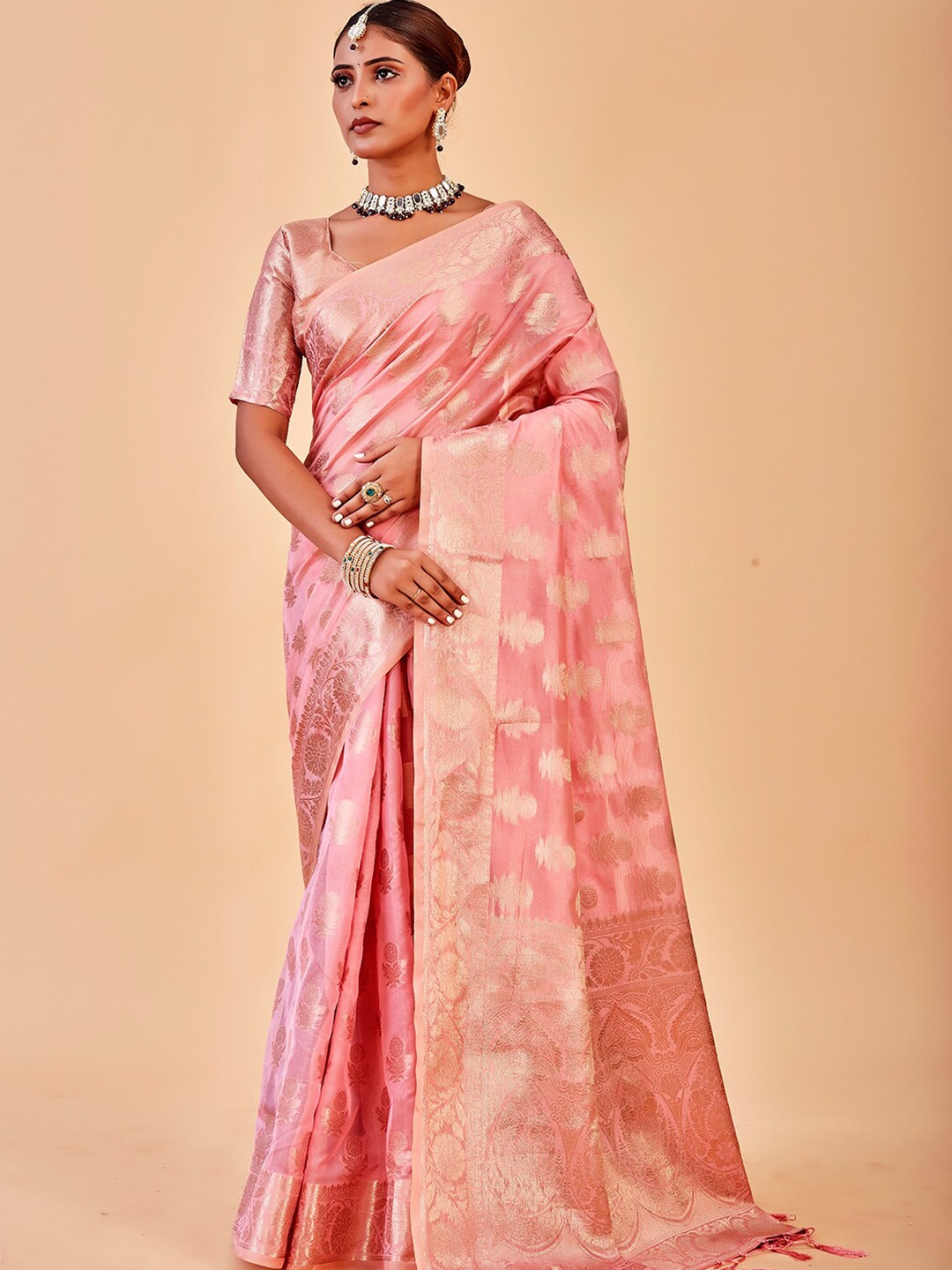 

Anouk Ethnic Motifs Woven Design Zari Organza Saree, Pink