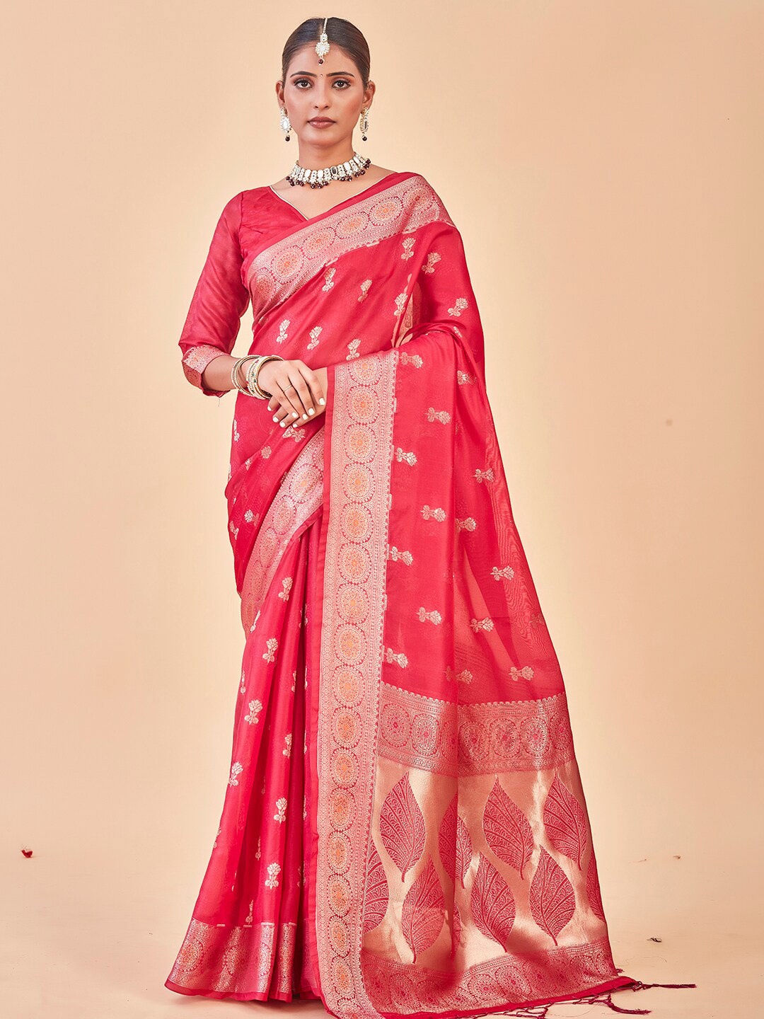 

Anouk Floral Printed Zari Organza Saree, Red