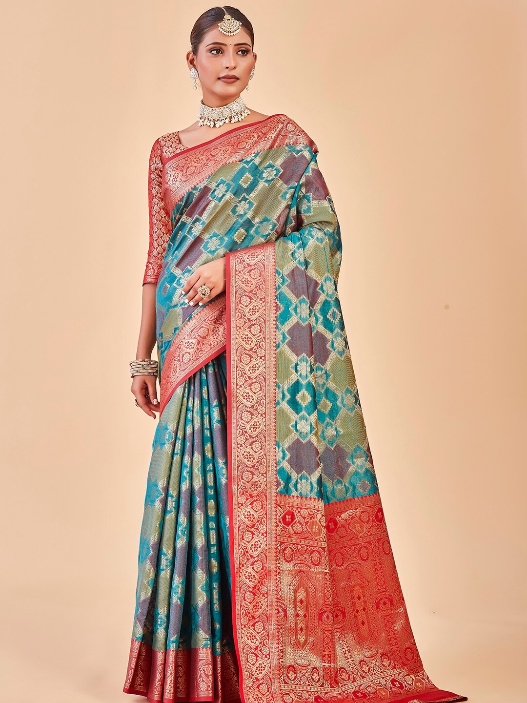 

Anouk Ethnic Motifs Woven Design Zari Art Silk Saree, Turquoise blue