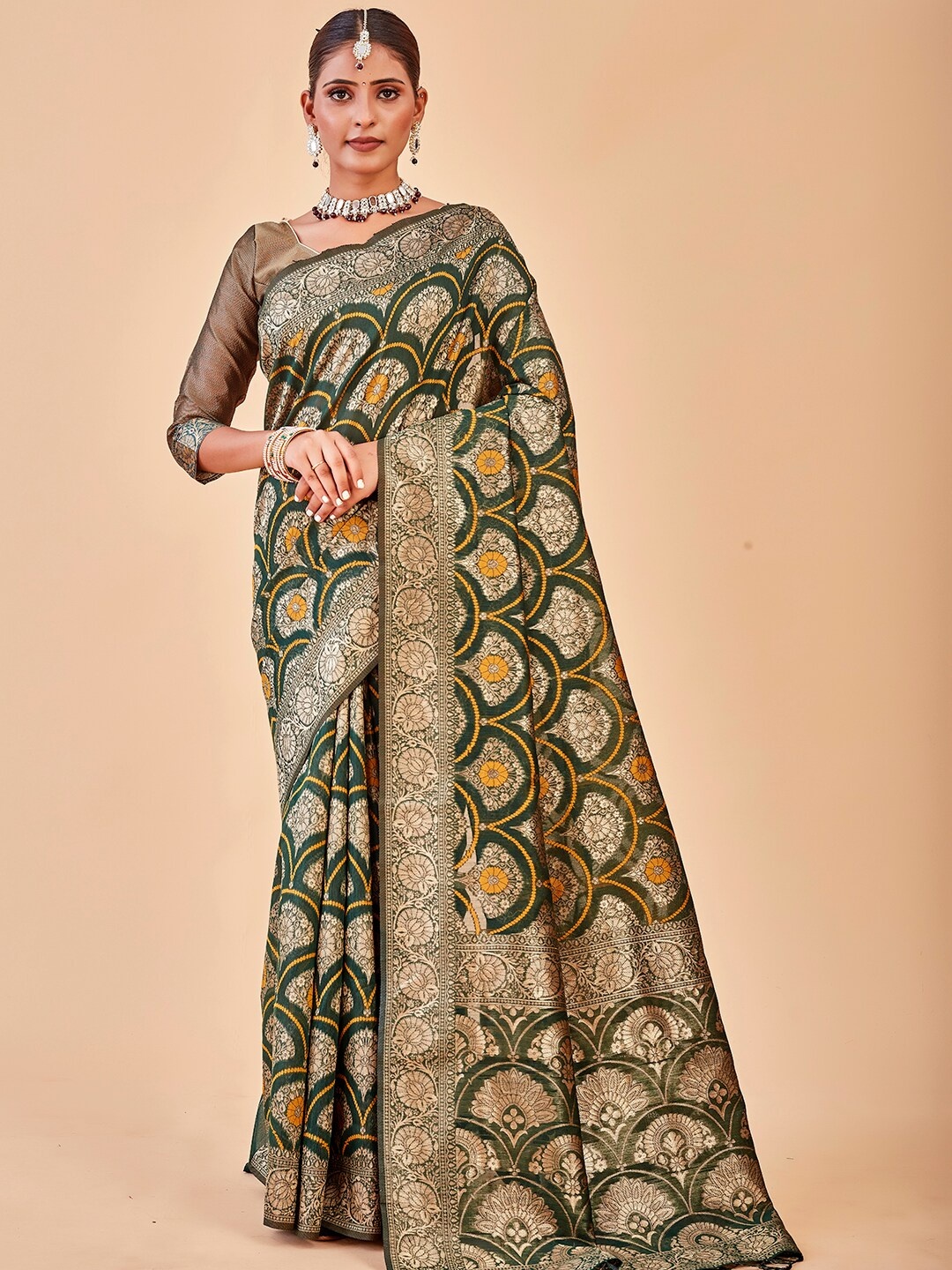 

Anouk Ethnic Motifs Woven Design Zari Art Silk Banarasi Saree, Green