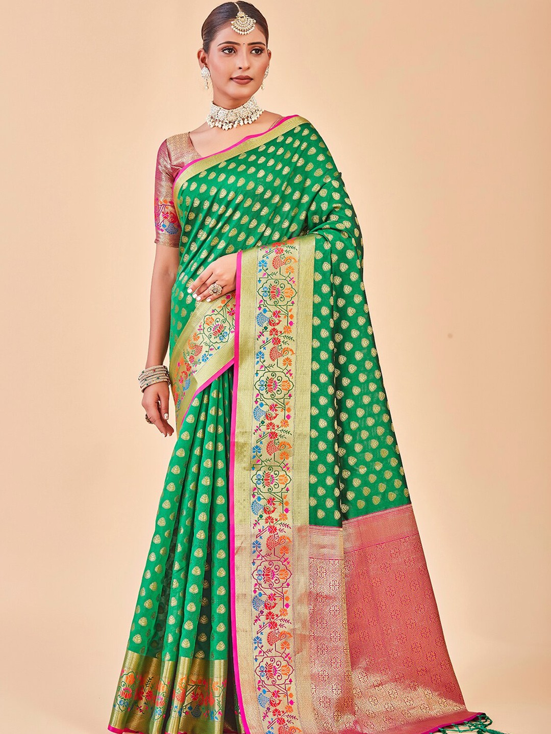 

Anouk Ethnic Motifs Woven Design Zari Banarasi Saree, Green