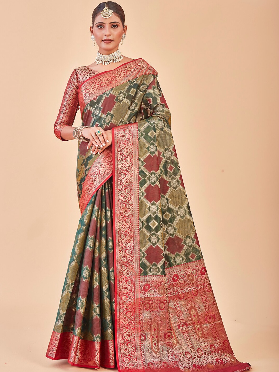 

Anouk Geometric Woven Design Zari Saree, Green