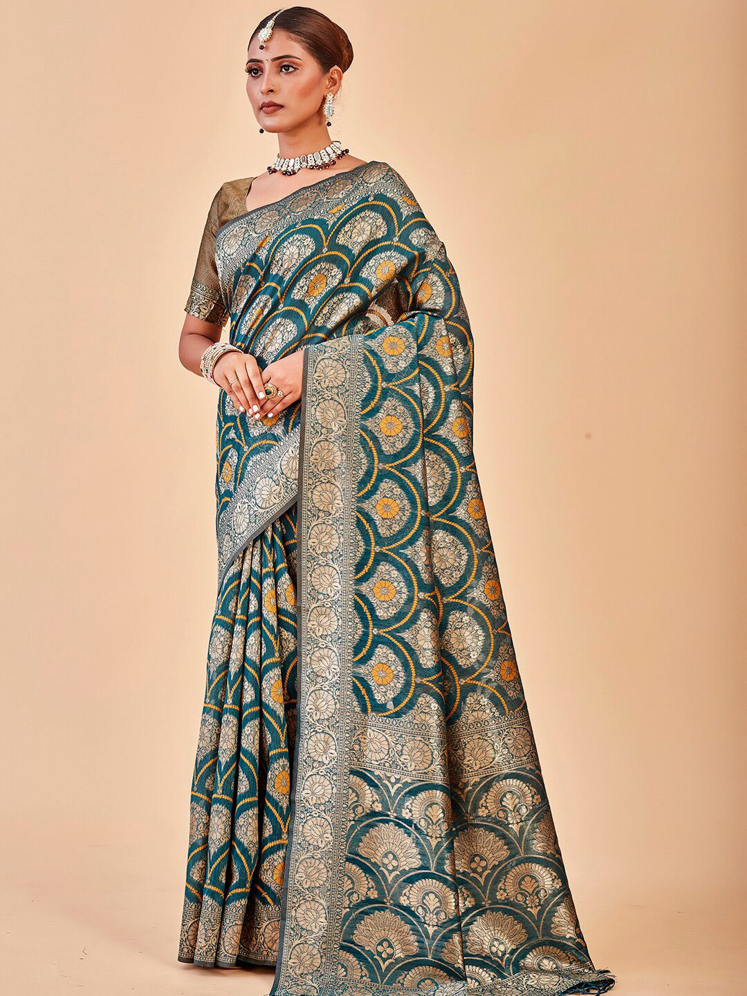 

Anouk Ethnic Motifs Woven Design Zari Upada Banarasi Saree, Turquoise blue