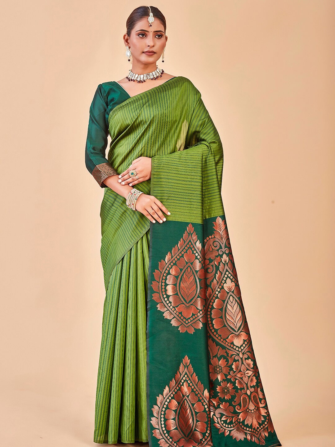 

Anouk Rustic Striped Zari Banarasi Saree, Green