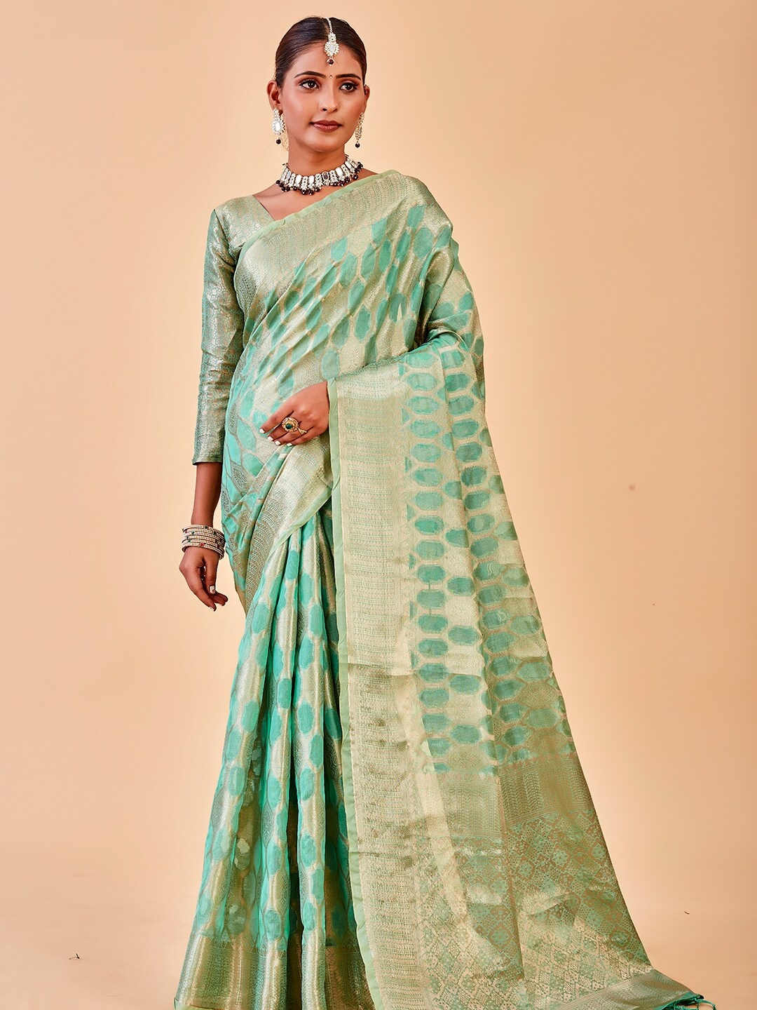 

Anouk Ethnic Motifs Woven Design Zari Organza Saree, Green