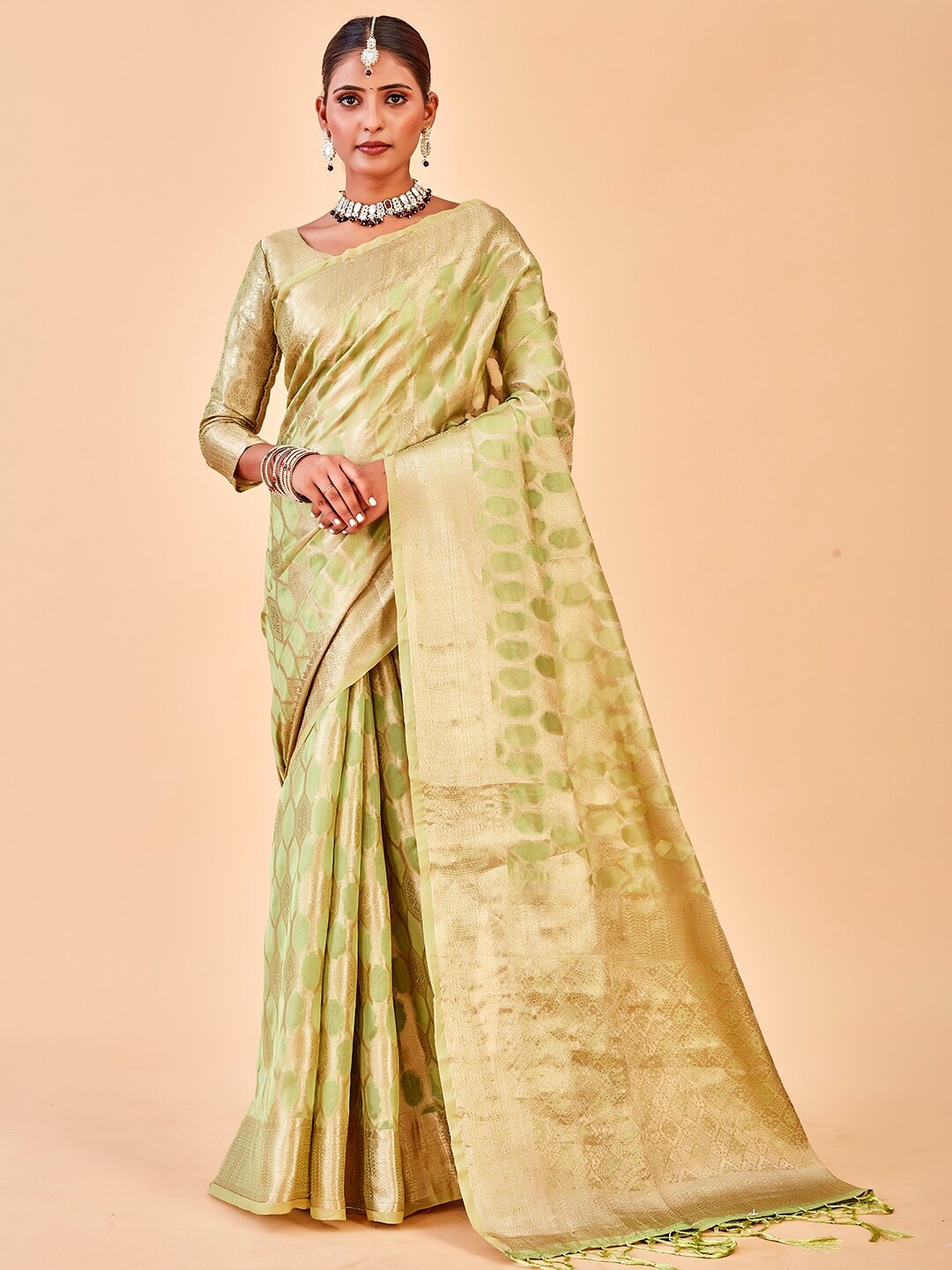 

Anouk Yellow & Gold-Toned Ethnic Motifs Woven Design Zari Organza Saree