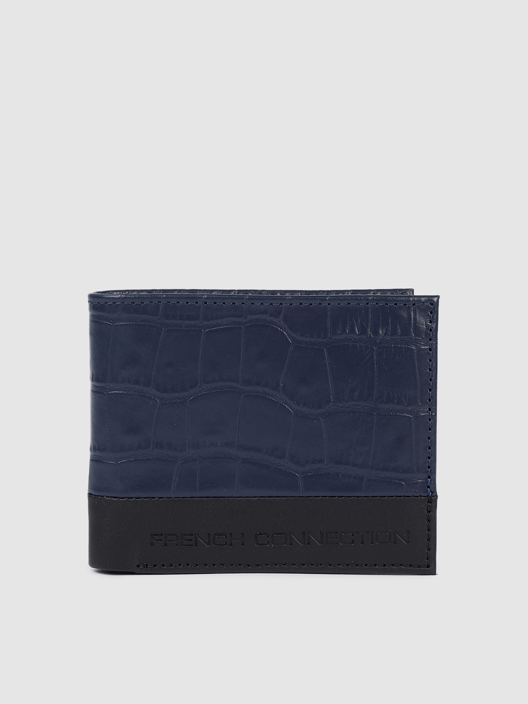 

French Connection Men Animal Textured Leather Two Fold Wallet, Navy blue