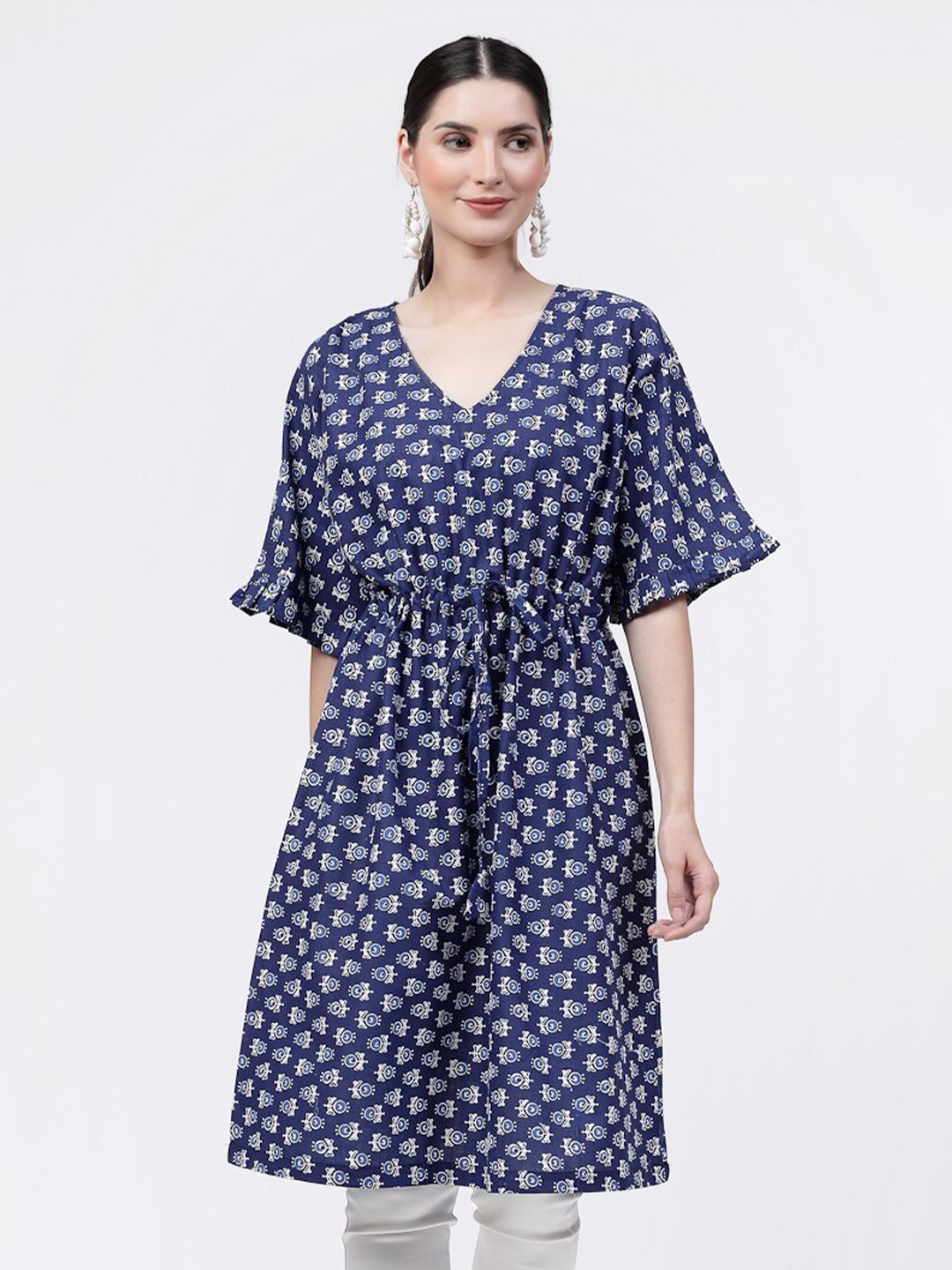 

KLOTTHE Floral Printed Pure Cotton Kaftan Kurta, Navy blue