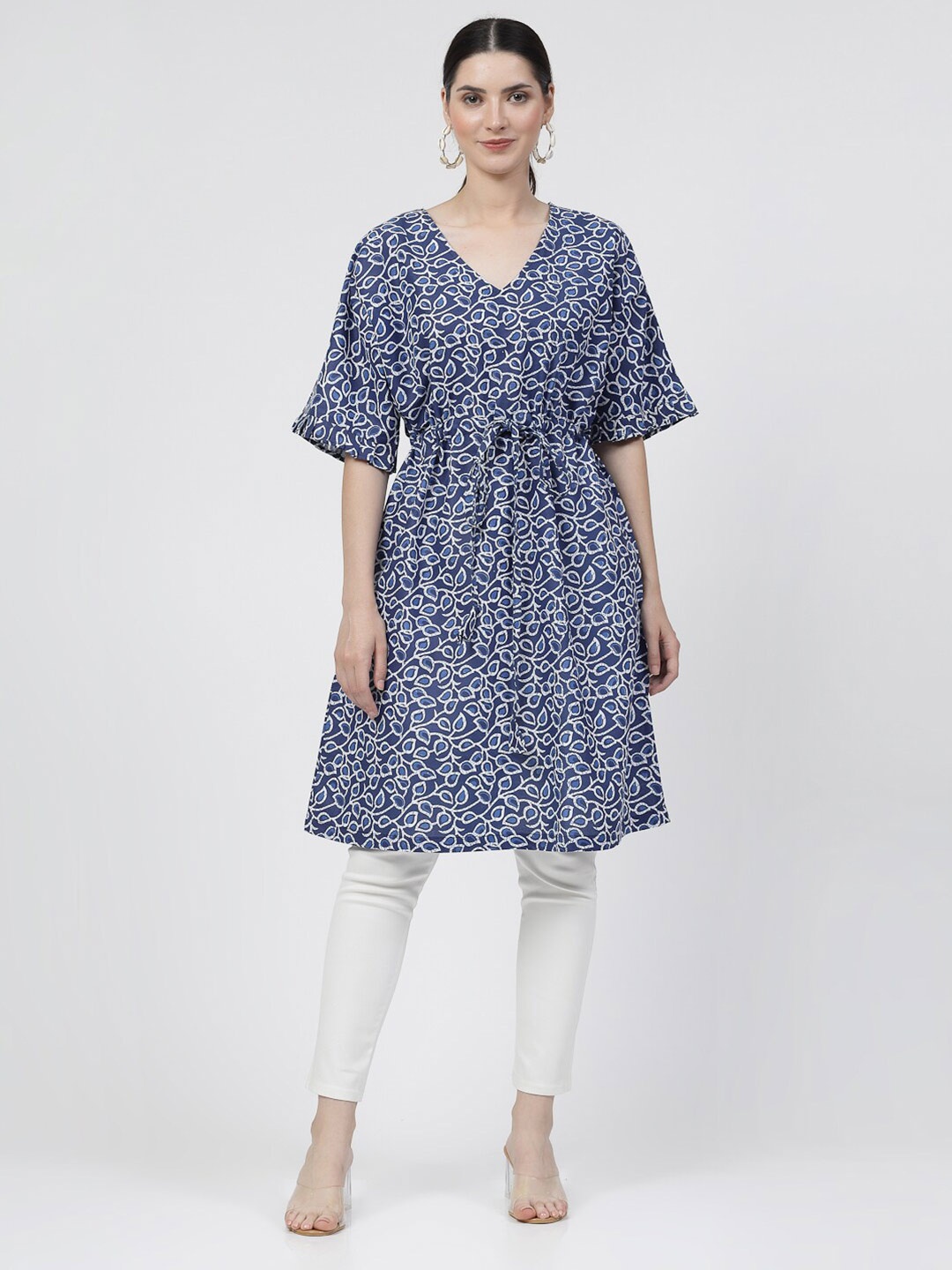 

KLOTTHE Floral Printed Pure Cotton Kaftan Kurta, Blue
