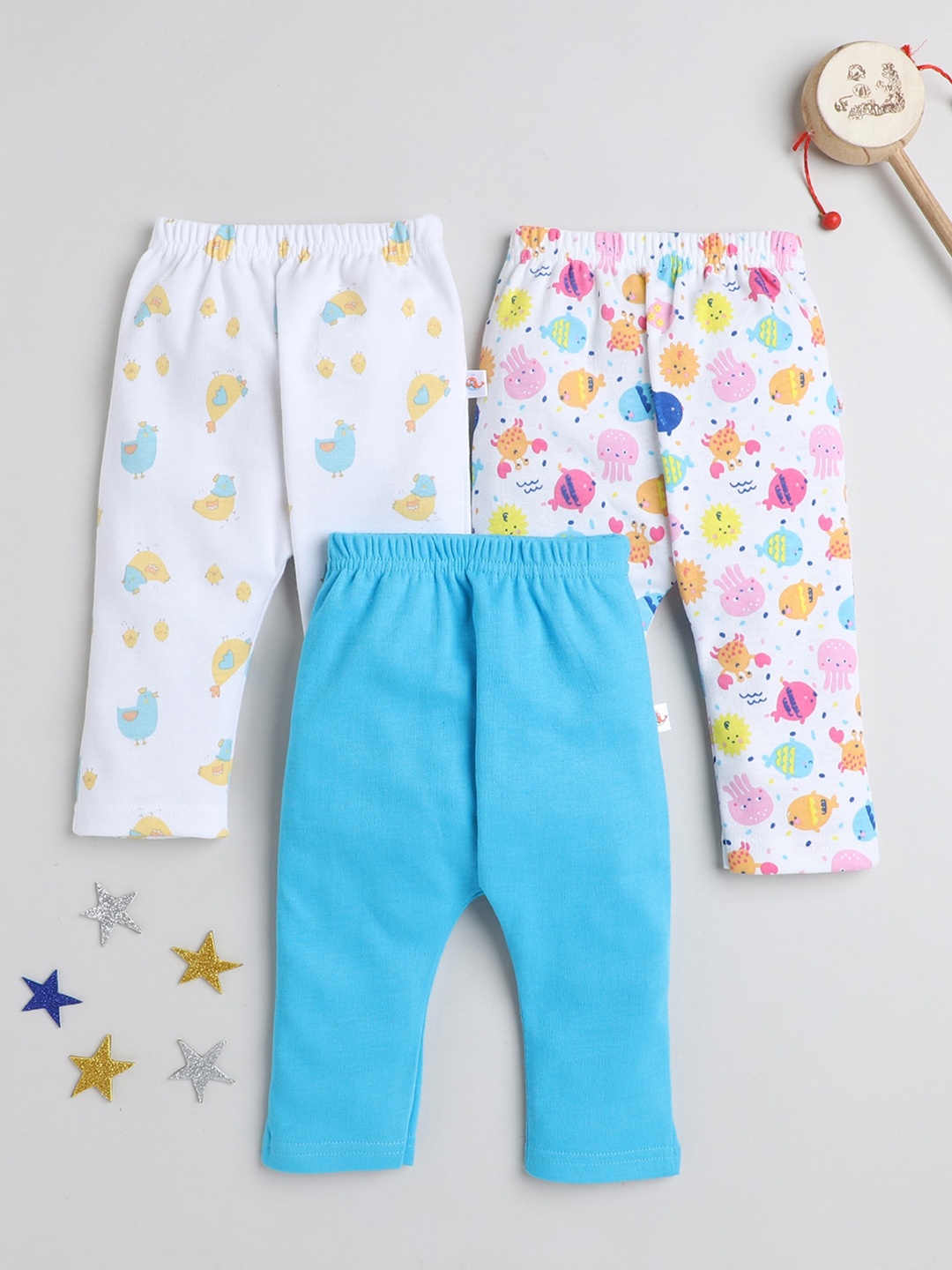 

BUMZEE Infant Girls Pack Of 3 Printed Cotton Lounge Pants, Blue