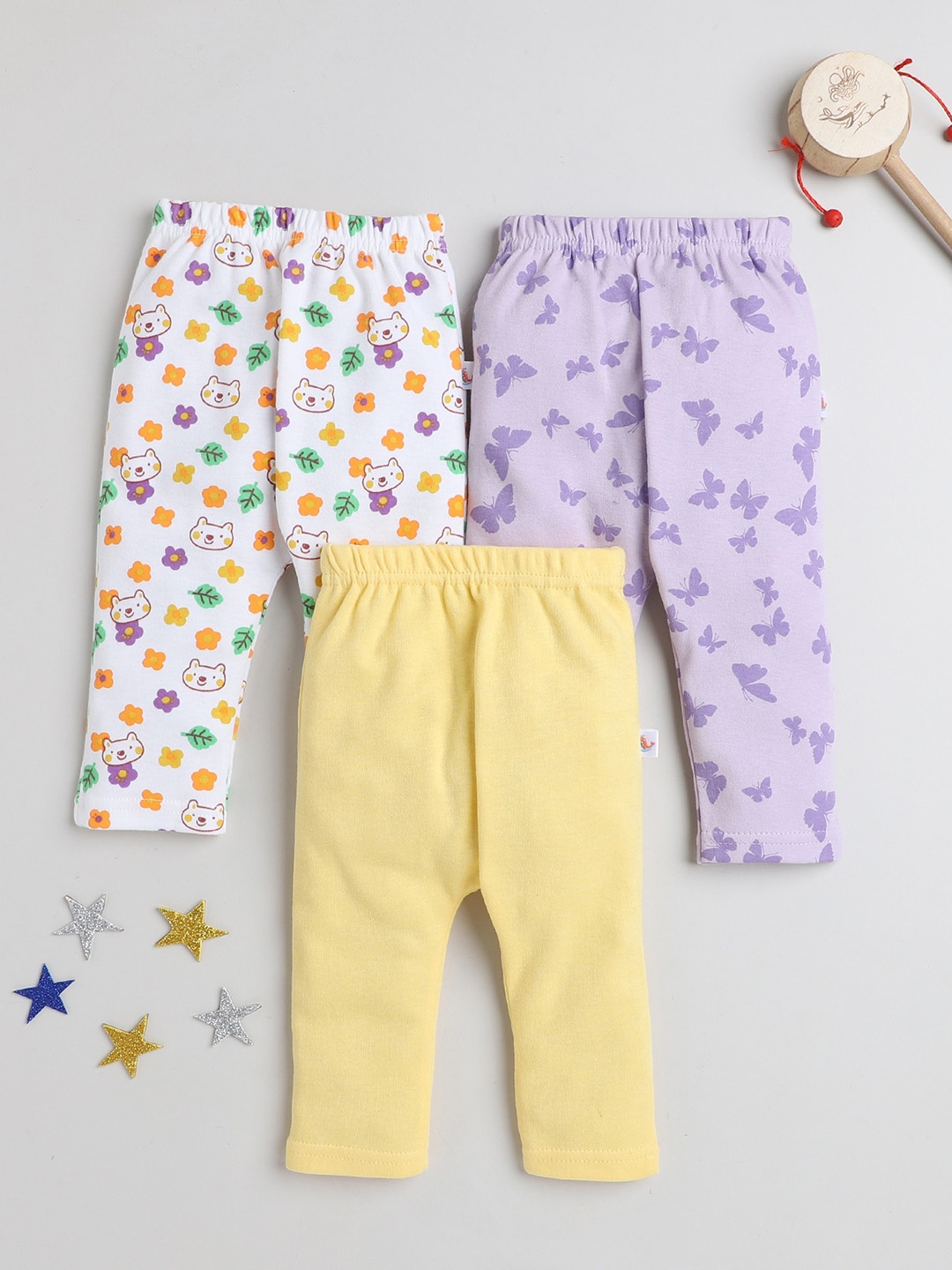 

BUMZEE Infant Girls Pack Of 3 Printed Cotton Lounge Pants, Yellow