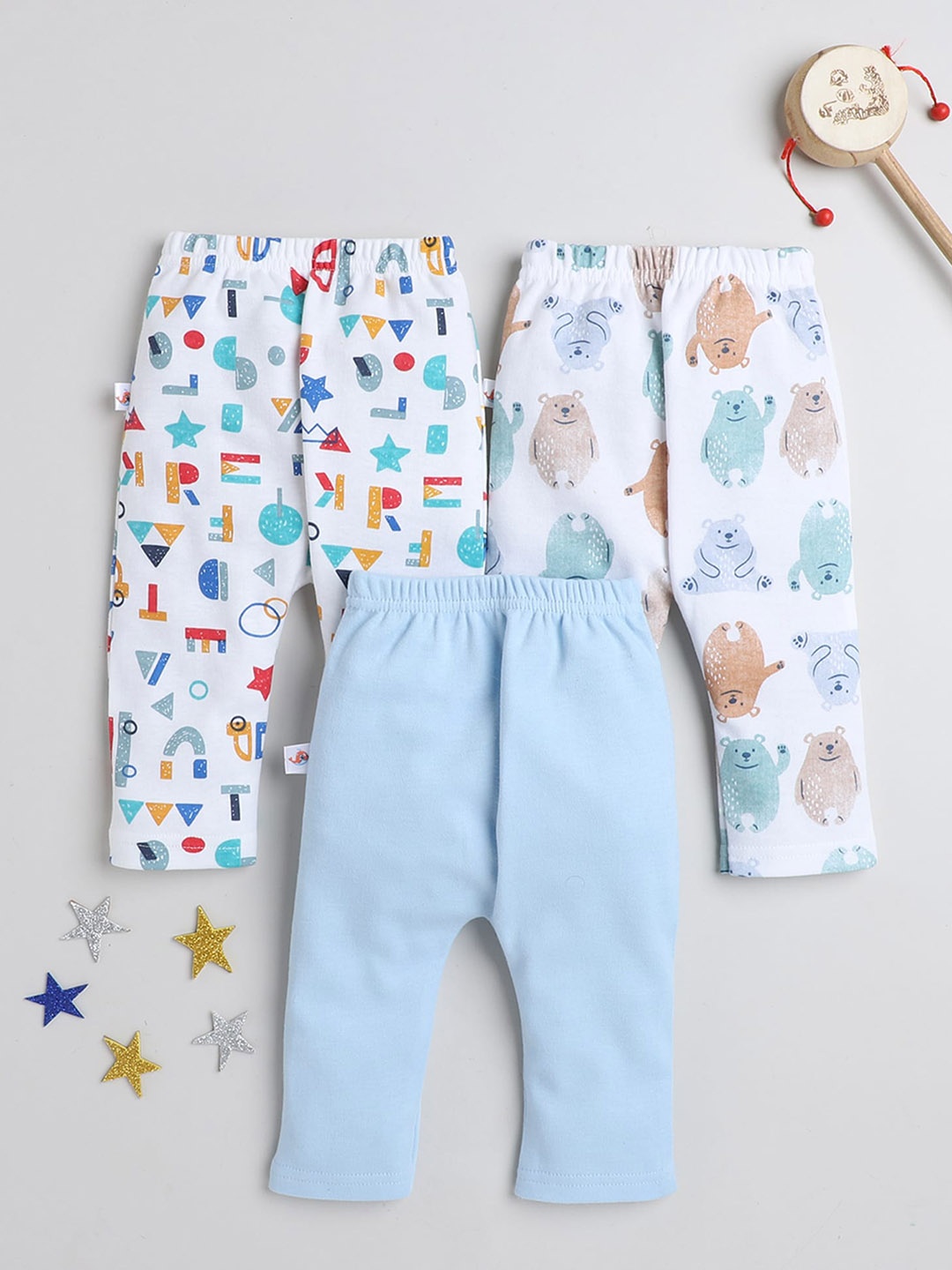 

BUMZEE Infants Boys Pack Of 3 Printed Cotton Leggings, White