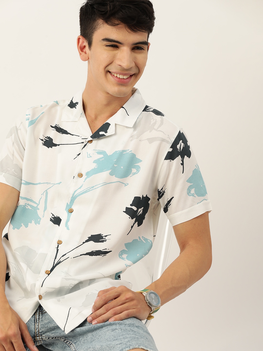 Mast & Harbour Standard Fit Tropical Printed Cuban Collar Casual Shirt, White