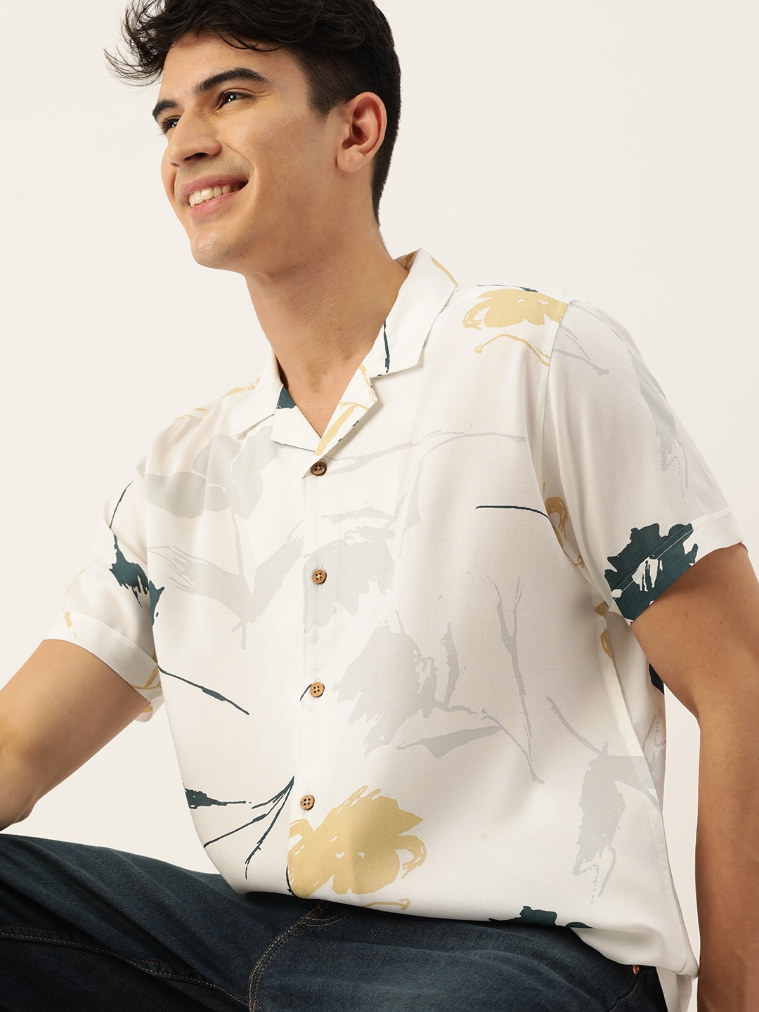 Mast & Harbour Standard Fit Tropical Printed Cuban Collar Casual Shirt, White