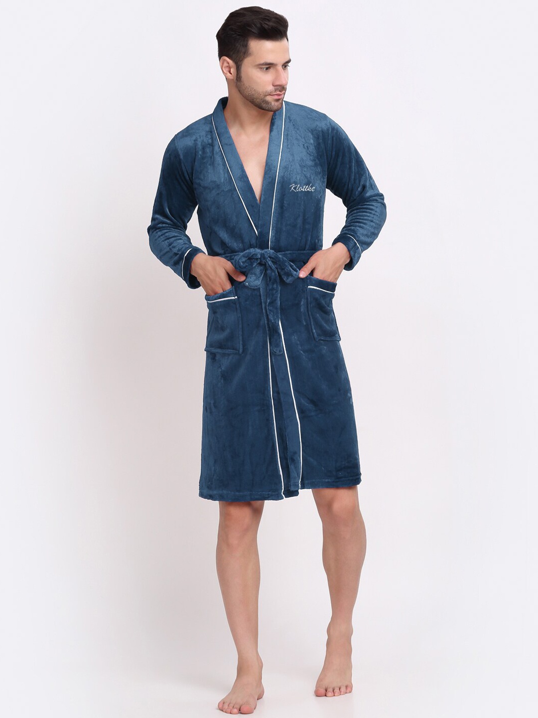 

KLOTTHE Men Solid Wool Bath Robe With Belt, Turquoise blue