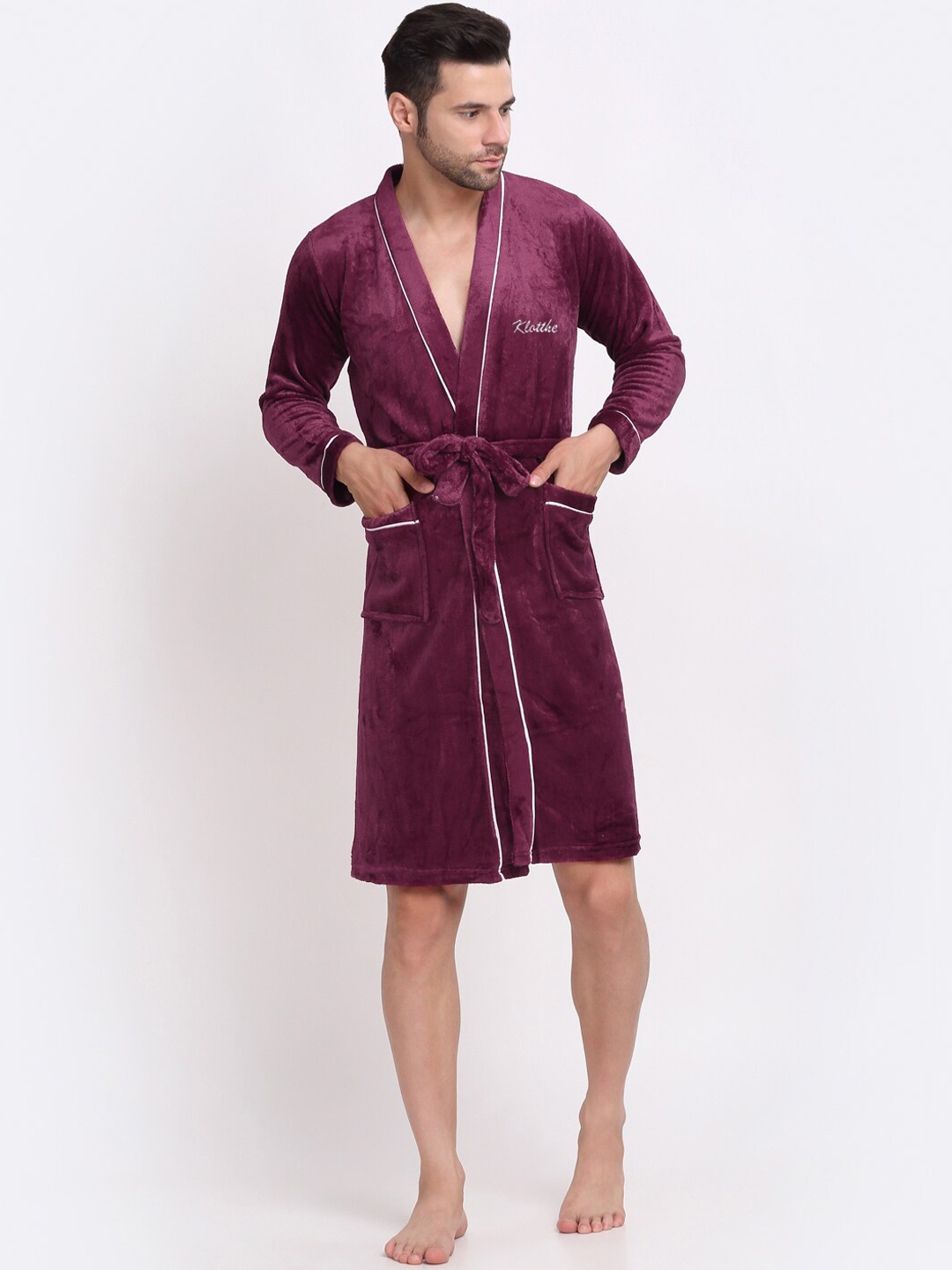 

KLOTTHE Men Solid Wool Bath Robe With Belt, Maroon