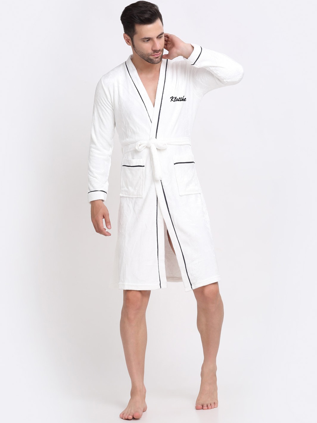 

KLOTTHE Men Solid Wool Bath Robe With Belt, White