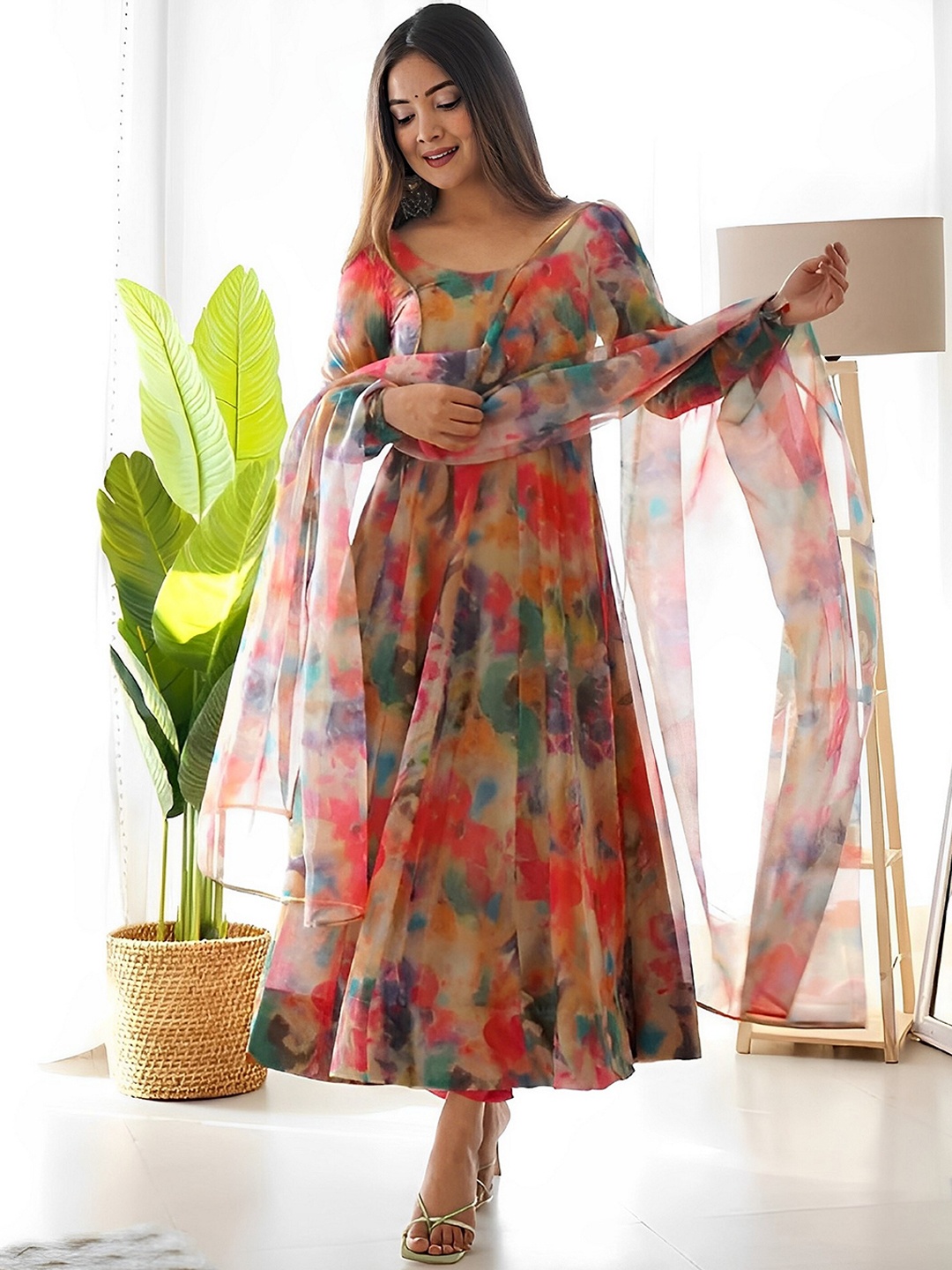 

KALINI Abstract Printed Gotta Patti Anarkali Kurta With Trousers & Dupatta, Peach