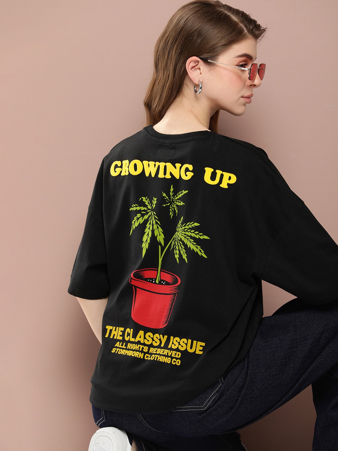 

Stormborn Graphic Printed Drop-Shoulder Sleeves Casual Pure Cotton Oversized T-shirt, Black