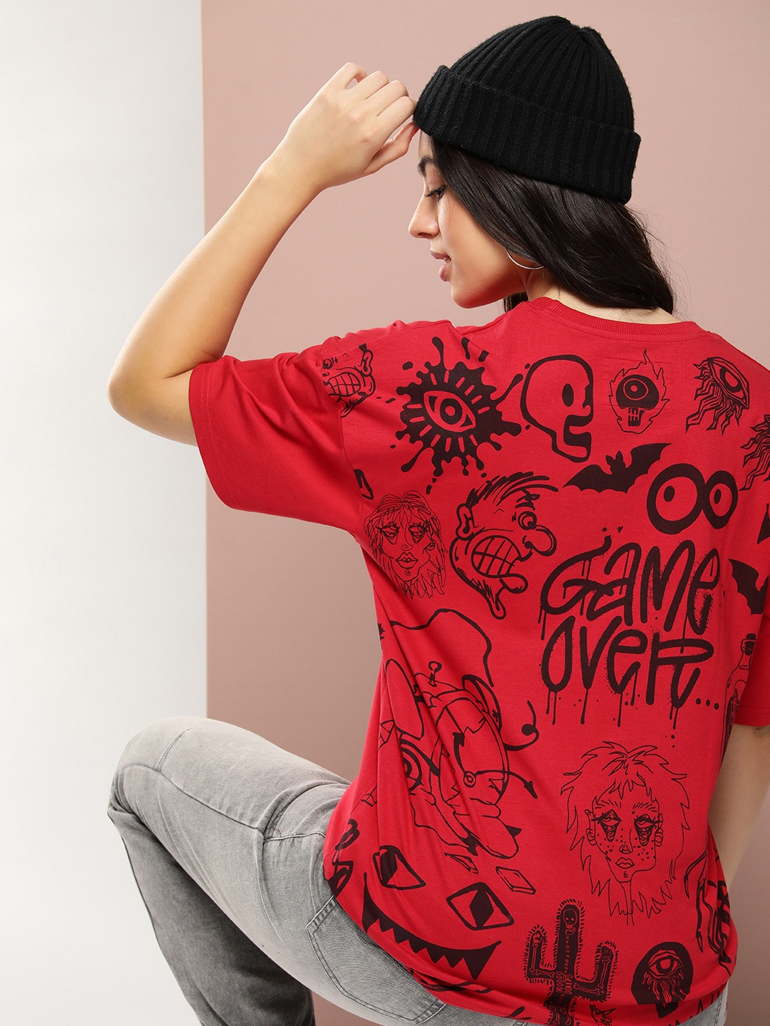 

Stormborn Graphic Printed Drop Shoulder Sleeves Oversized Pure Cotton T-shirt, Red