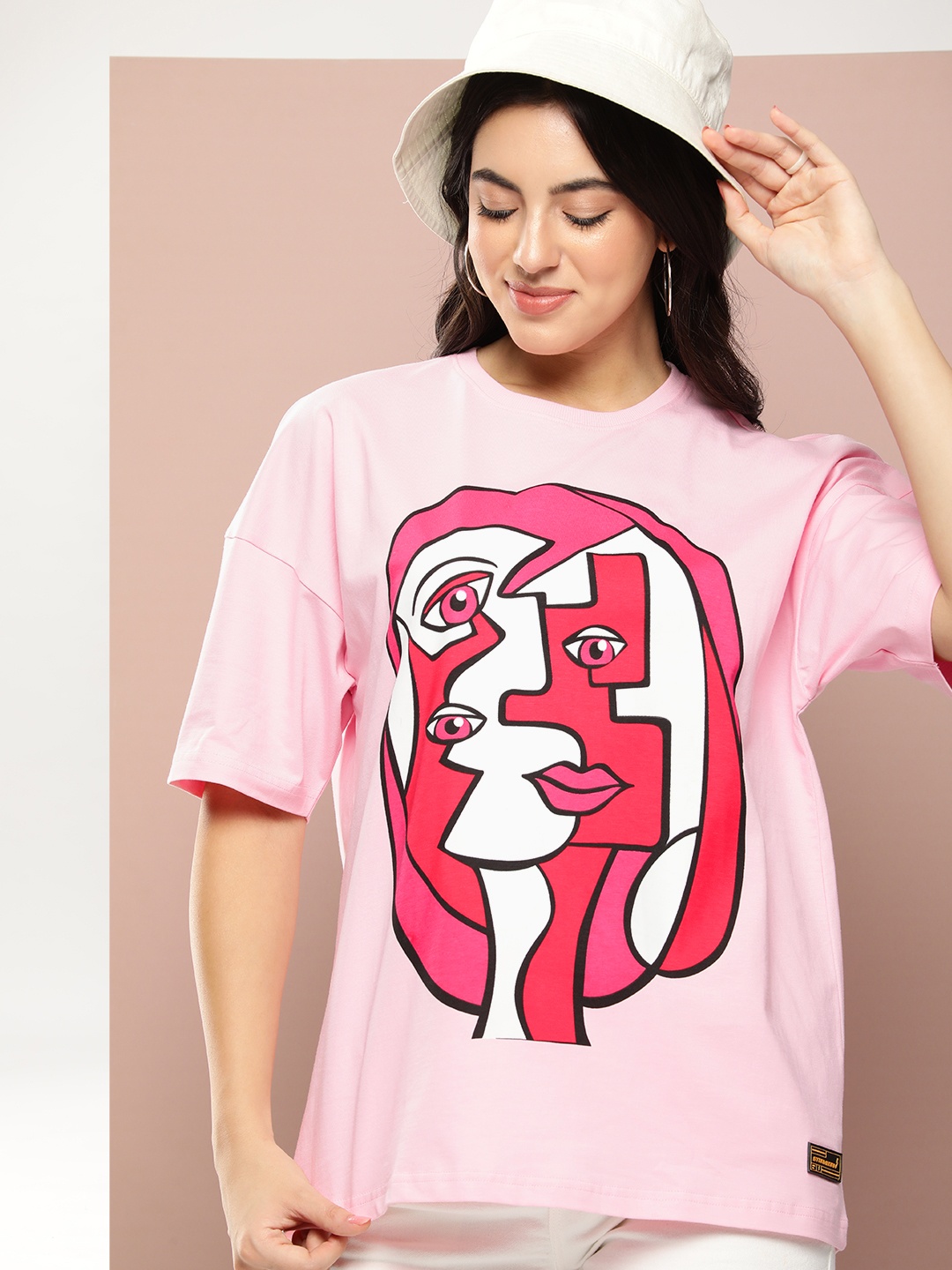 

Stormborn Graphic Printed Drop Shoulder Sleeves Oversized Pure Cotton T-shirt, Pink