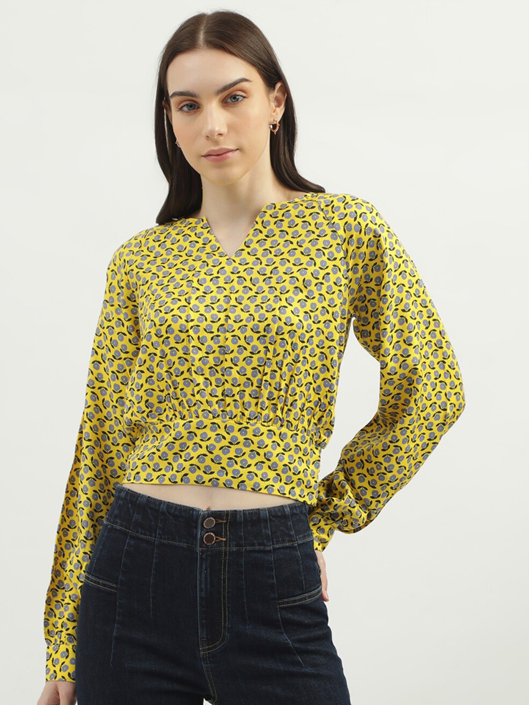 

United Colors of Benetton Floral Printed Smocking Cuffed Sleeves Cotton Crop Top, Yellow