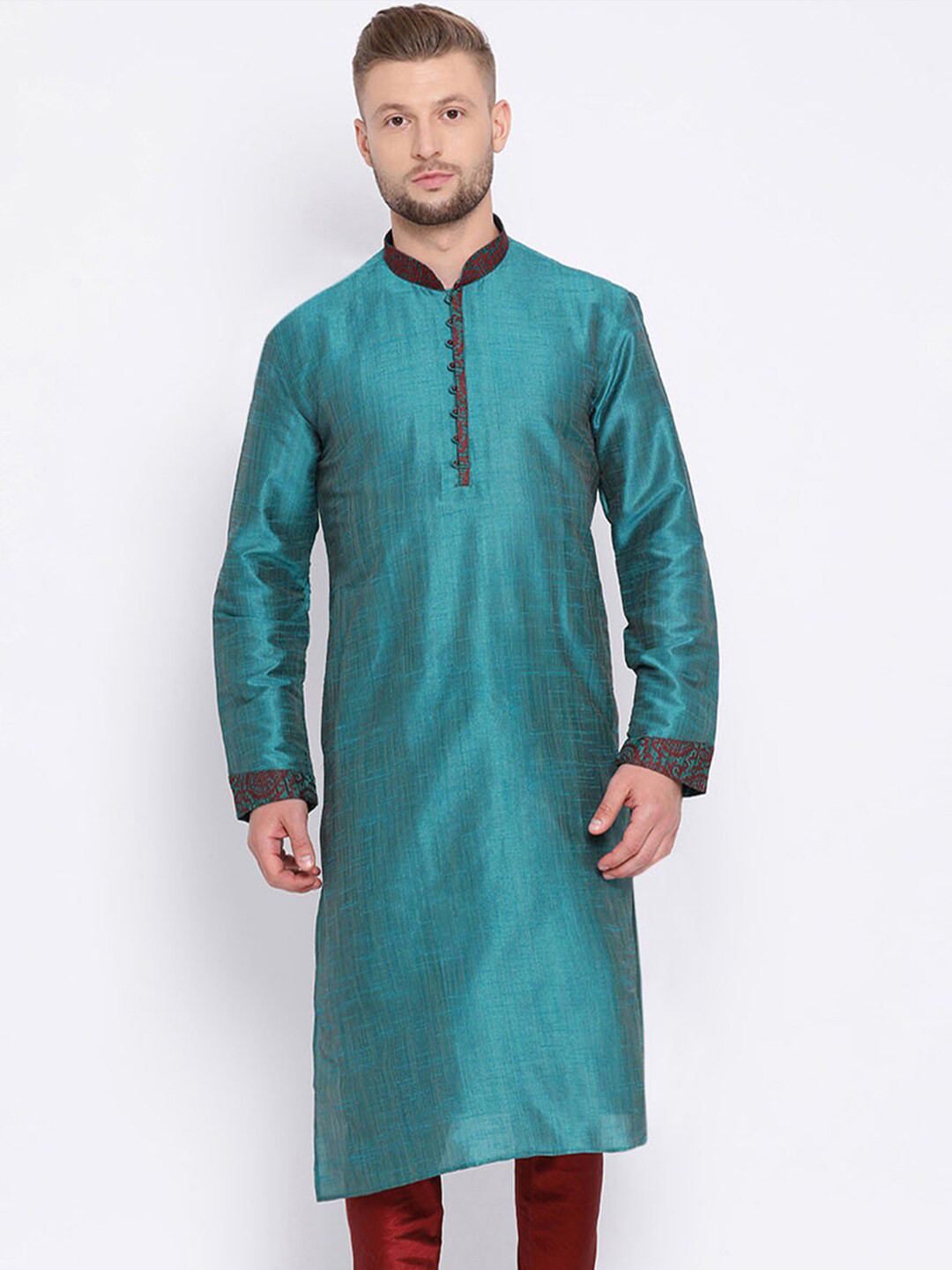 

Sanwara Yoke Design Mandarin Collar Kurta, Green