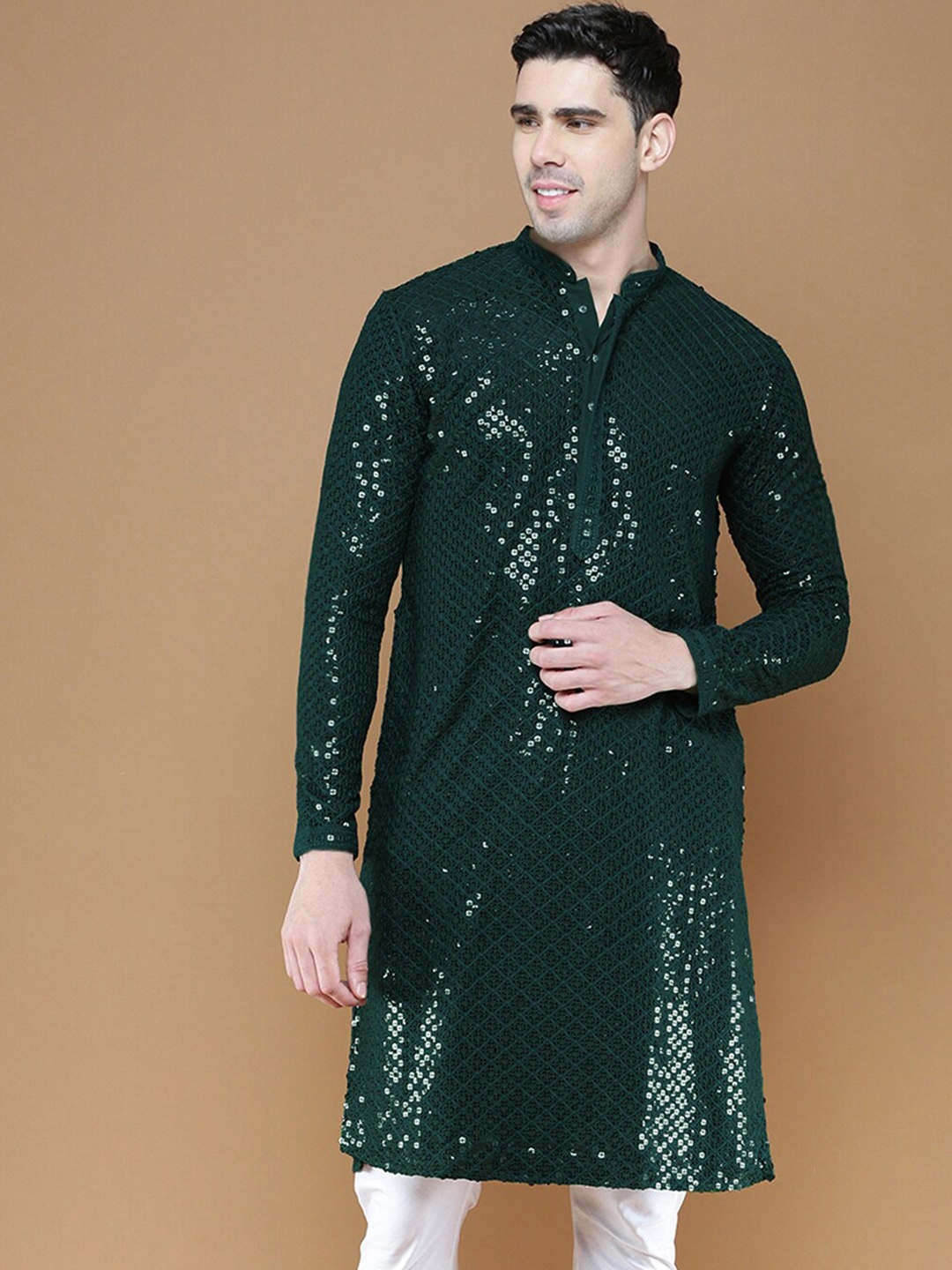

Sanwara Sequins Chikankari Straight Kurta, Green