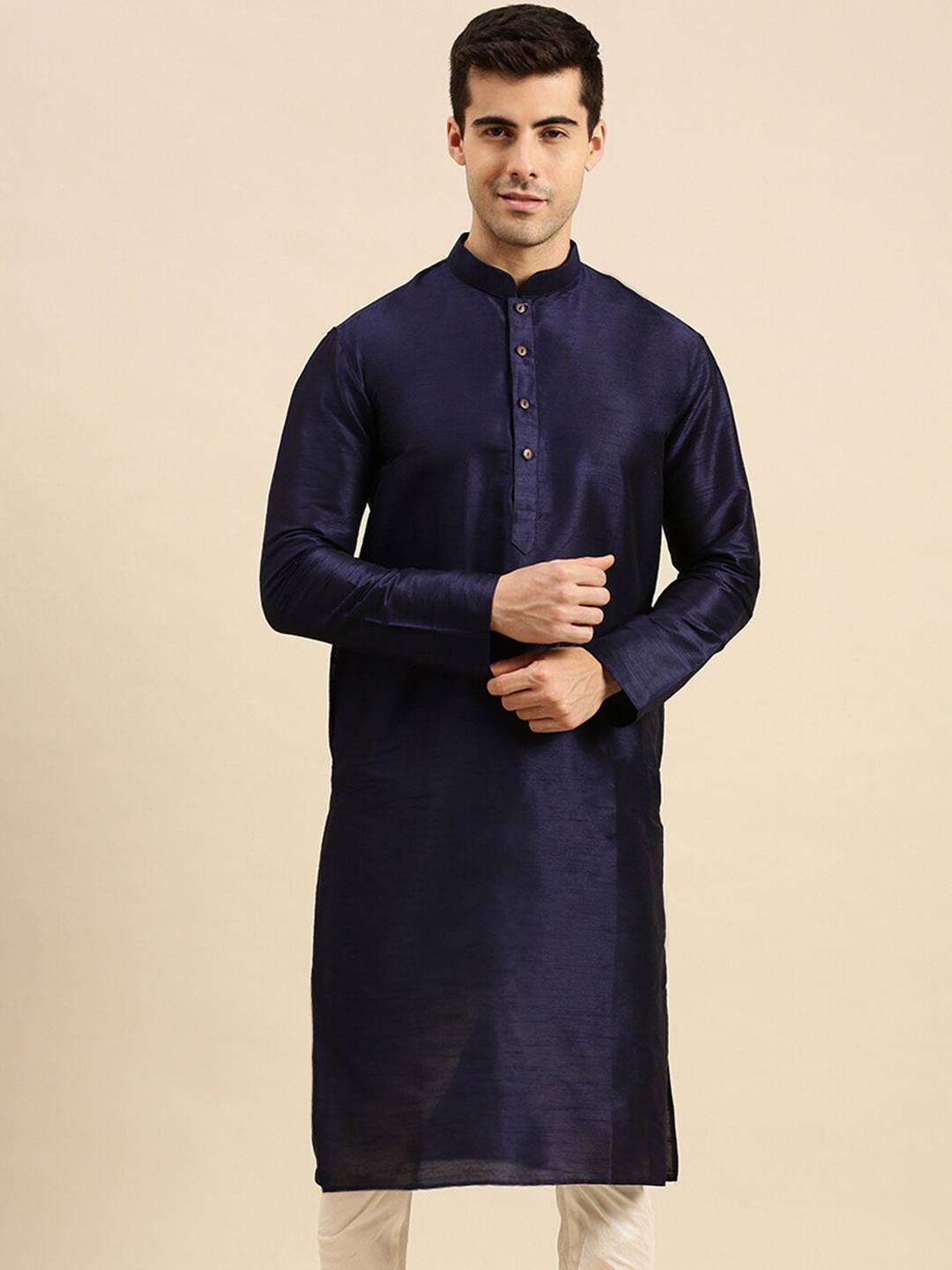 

Sanwara Mandarin Collar Chikankari Straight Art Silk Kurta, Blue