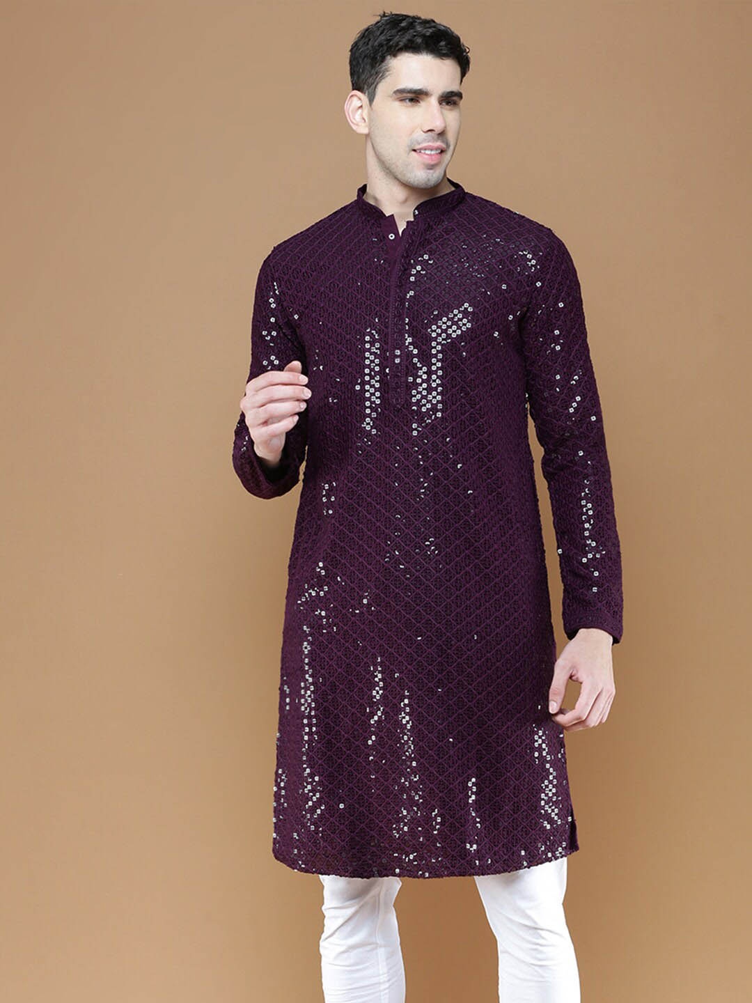 

Sanwara Embroidered Mandarin Collar Cotton Straight Kurta, Purple