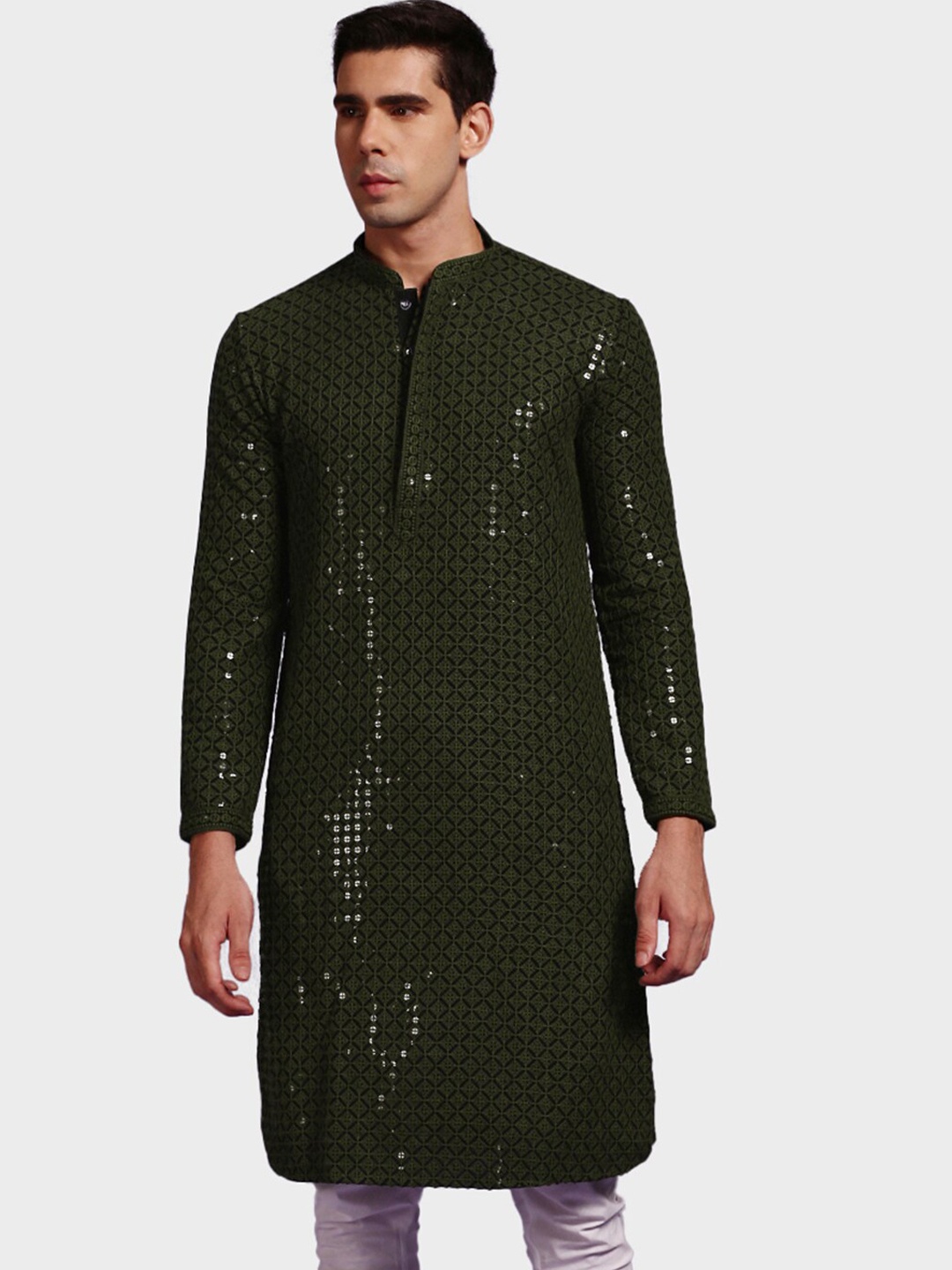 

Sanwara Men Green Printed Cold-Shoulder Sleeves Mirror Work Kurta