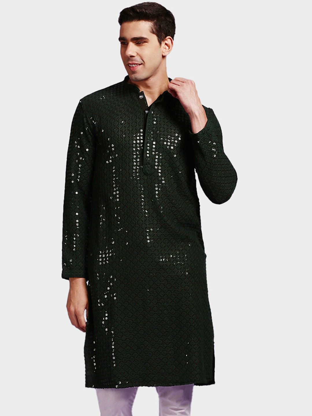 

Sanwara Mandarin Collar Straight Cotton Kurta, Green