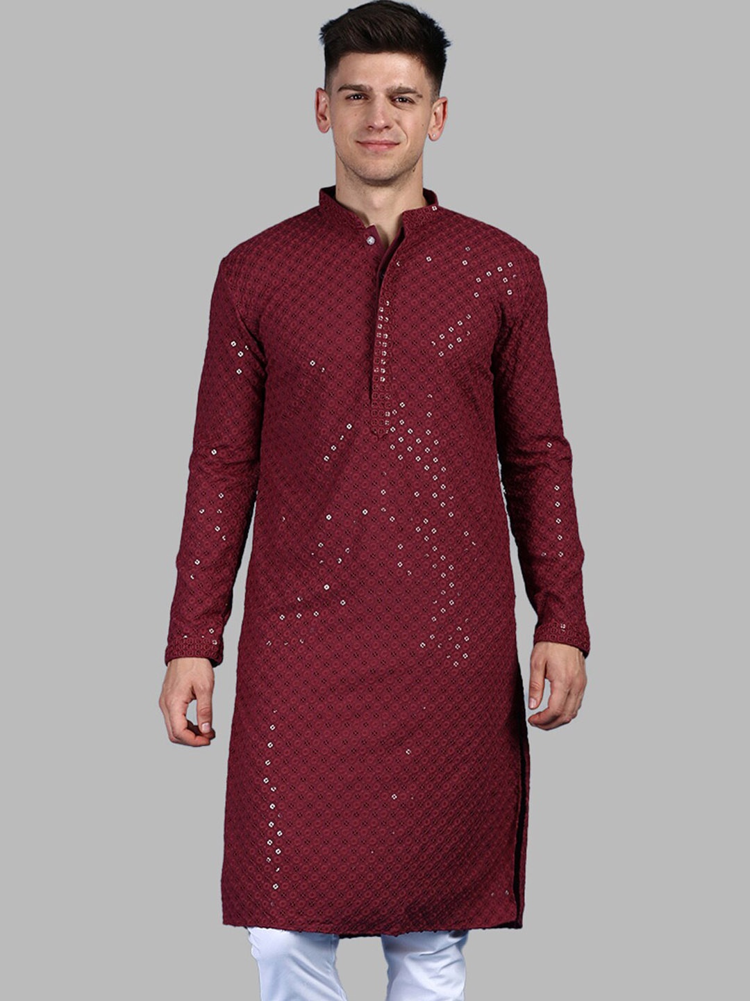 

Sanwara Sequins Chikankari Straight Kurta, Red
