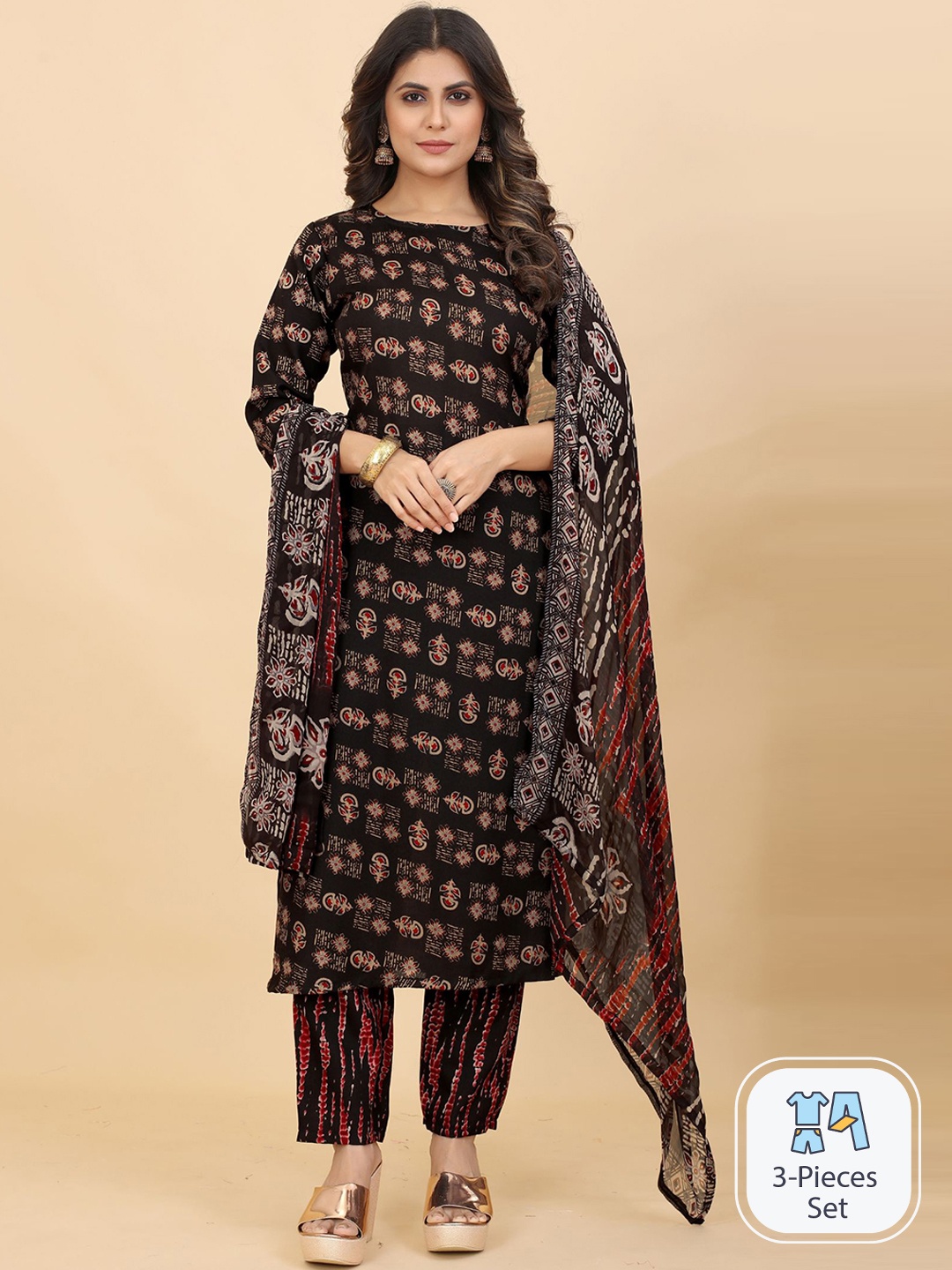 

KALINI Ethnic Motifs Printed Regular Kurta With Trousers & Dupatta, Black