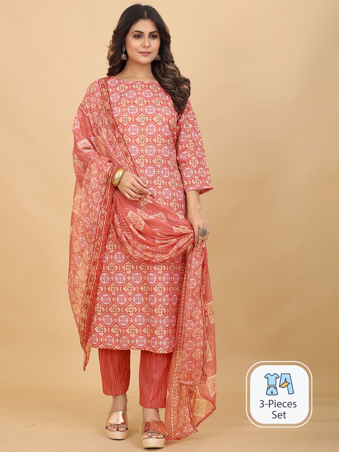 

KALINI Geometric Printed Regular Kurta with Trousers & Dupatta, Peach