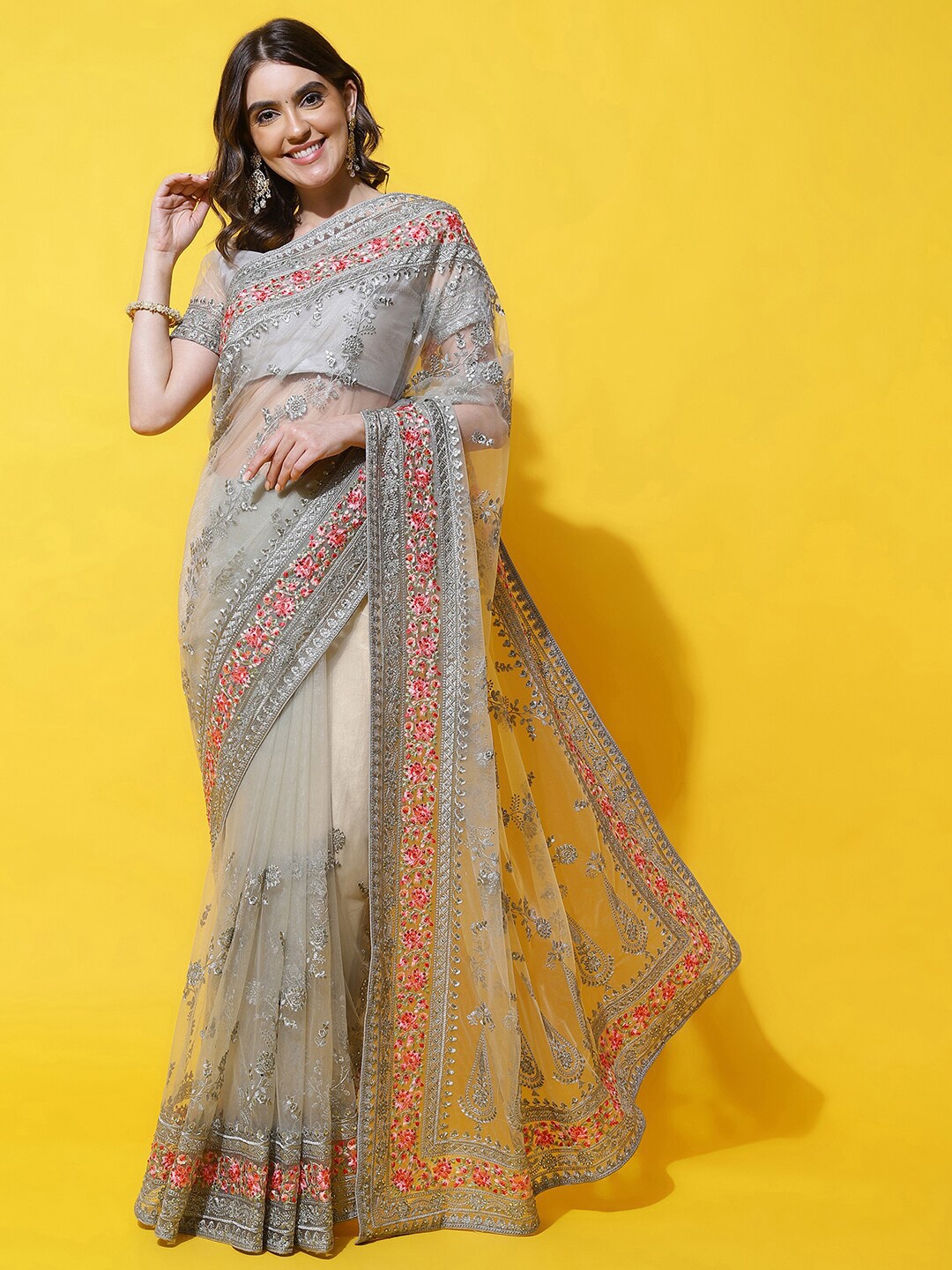 

kasee Floral Embroidered Net Saree, Grey