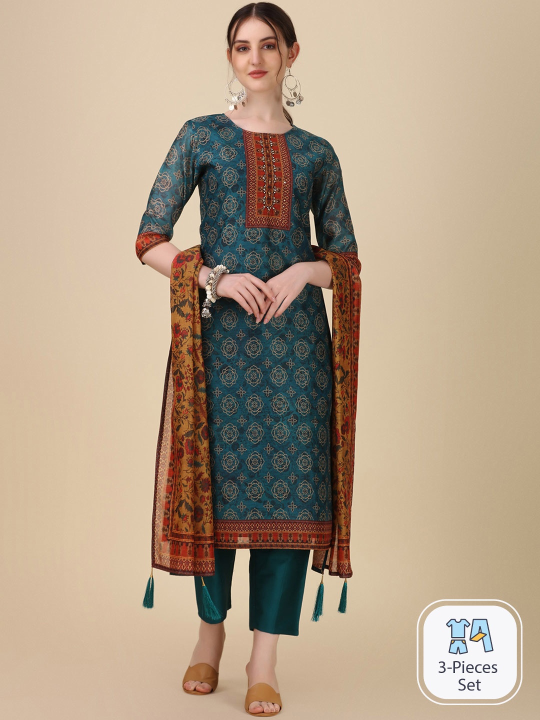 

Berrylicious Ethnic Motifs Printed Chanderi Cotton Straight Kurta & Trousers With Dupatta, Teal