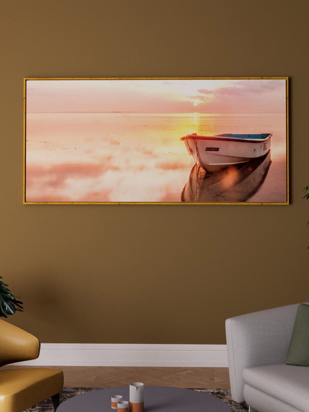

Art Street White & Peach Colour Boat in River Sunset Large Canvas Painting Wall Art, Gold