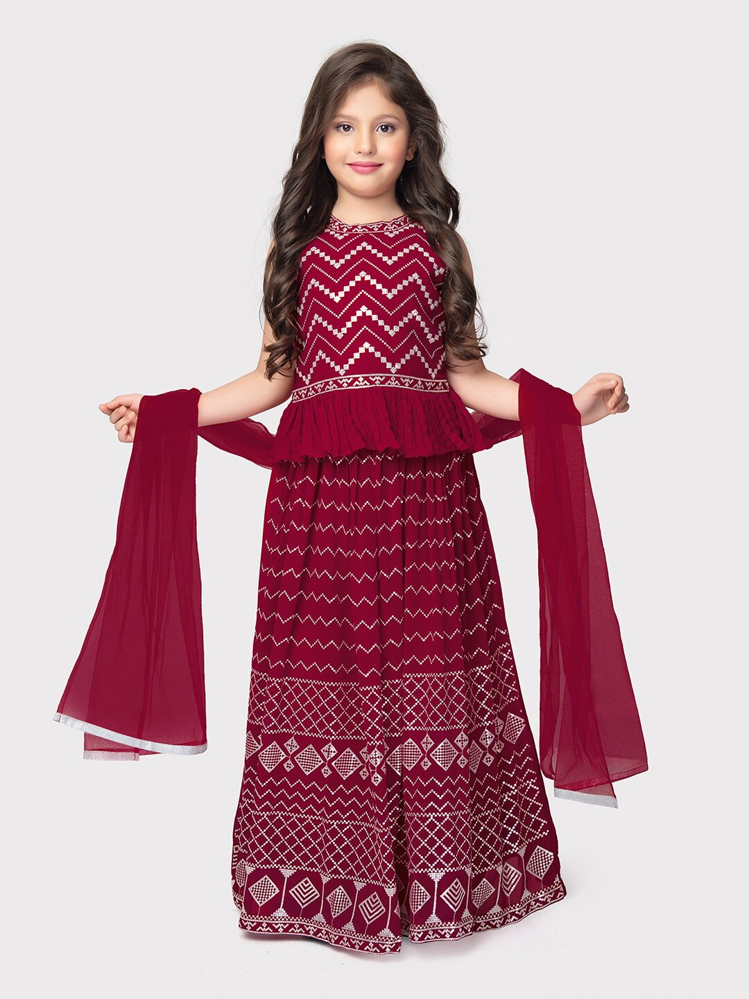 

Tiny Kingdom Girls Embroidered Ruffled Lehenga & Blouse With Dupatta, Pink